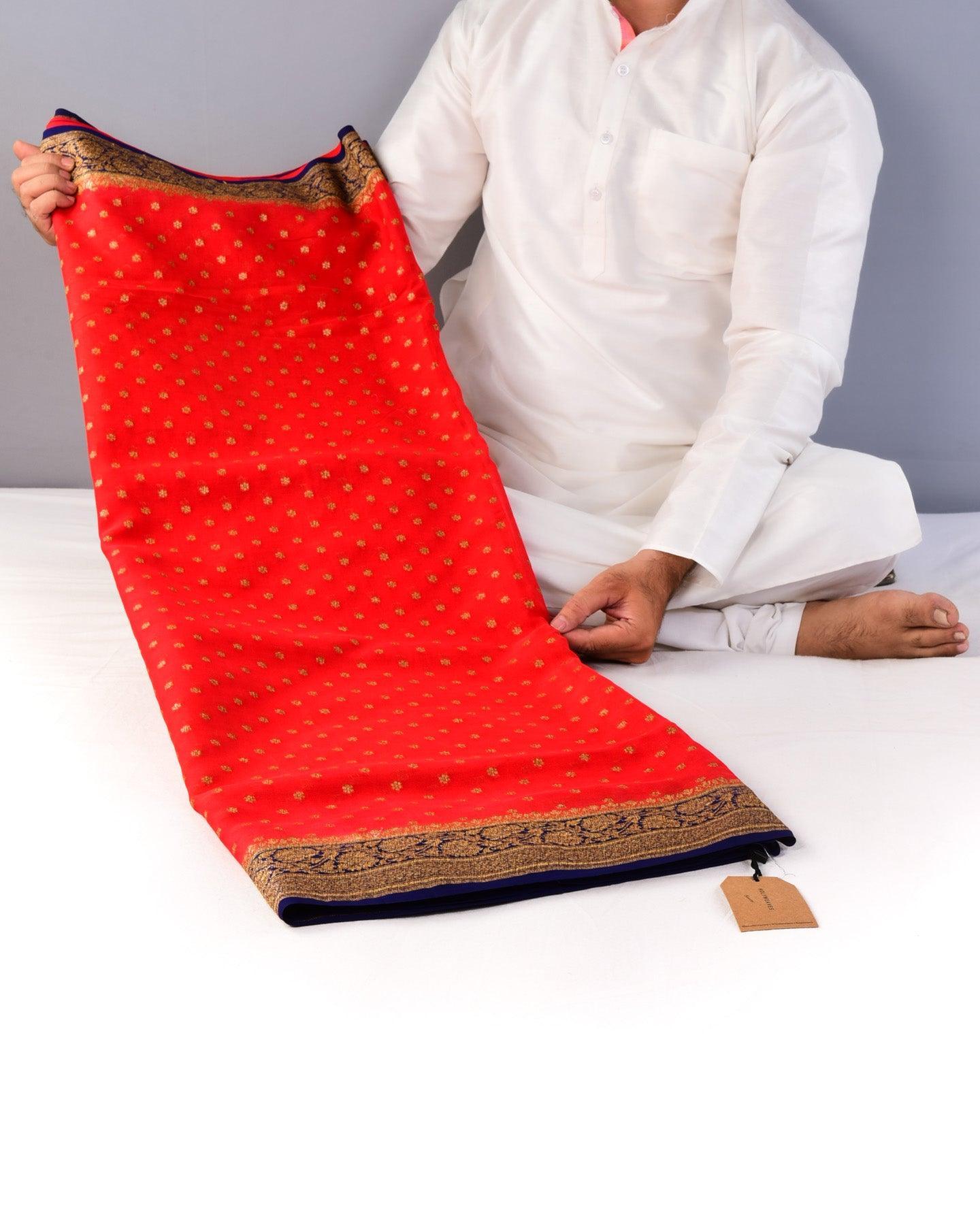 Vermilion Red Banarasi Antique Zari Pushp Buti Cutwork Brocade Handwoven Khaddi Georgette Saree with Contrast Navy Blue Border Pallu - By HolyWeaves, Benares