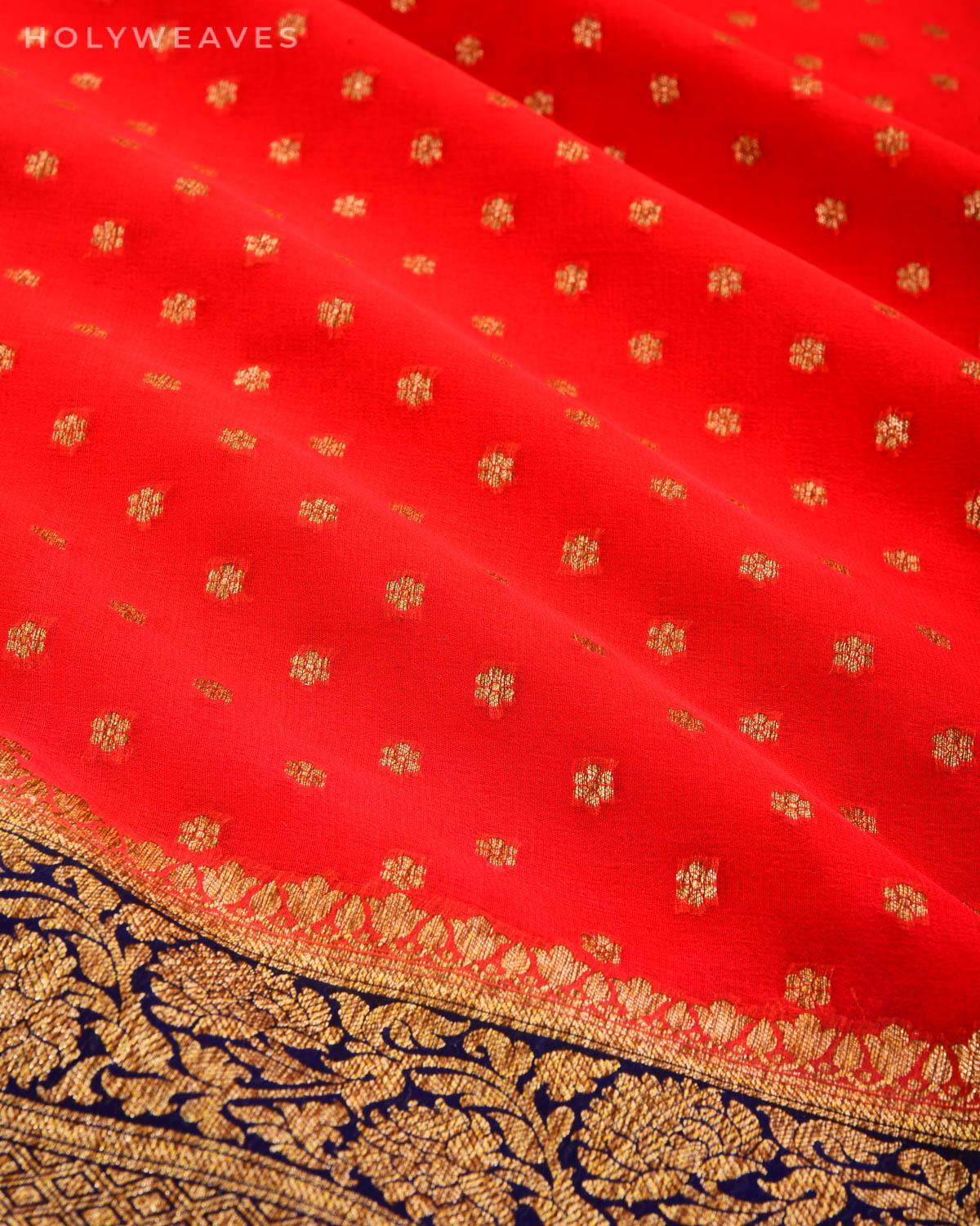 Vermilion Red Banarasi Antique Zari Pushp Buti Cutwork Brocade Handwoven Khaddi Georgette Saree with Contrast Navy Blue Border Pallu - By HolyWeaves, Benares