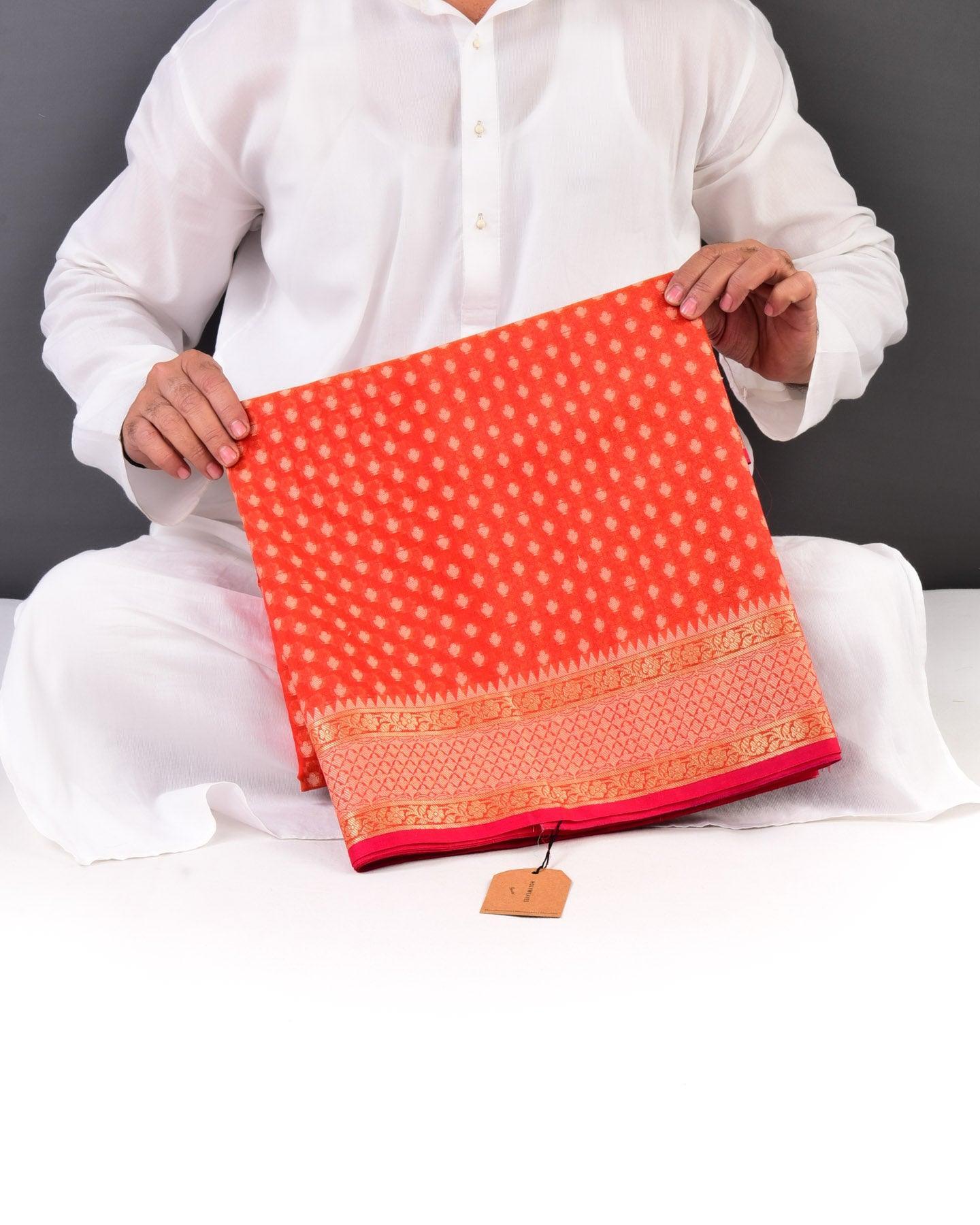 Vermilion Red Banarasi Resham Buti Cutwork Brocade Woven Cotton Silk Saree - By HolyWeaves, Benares