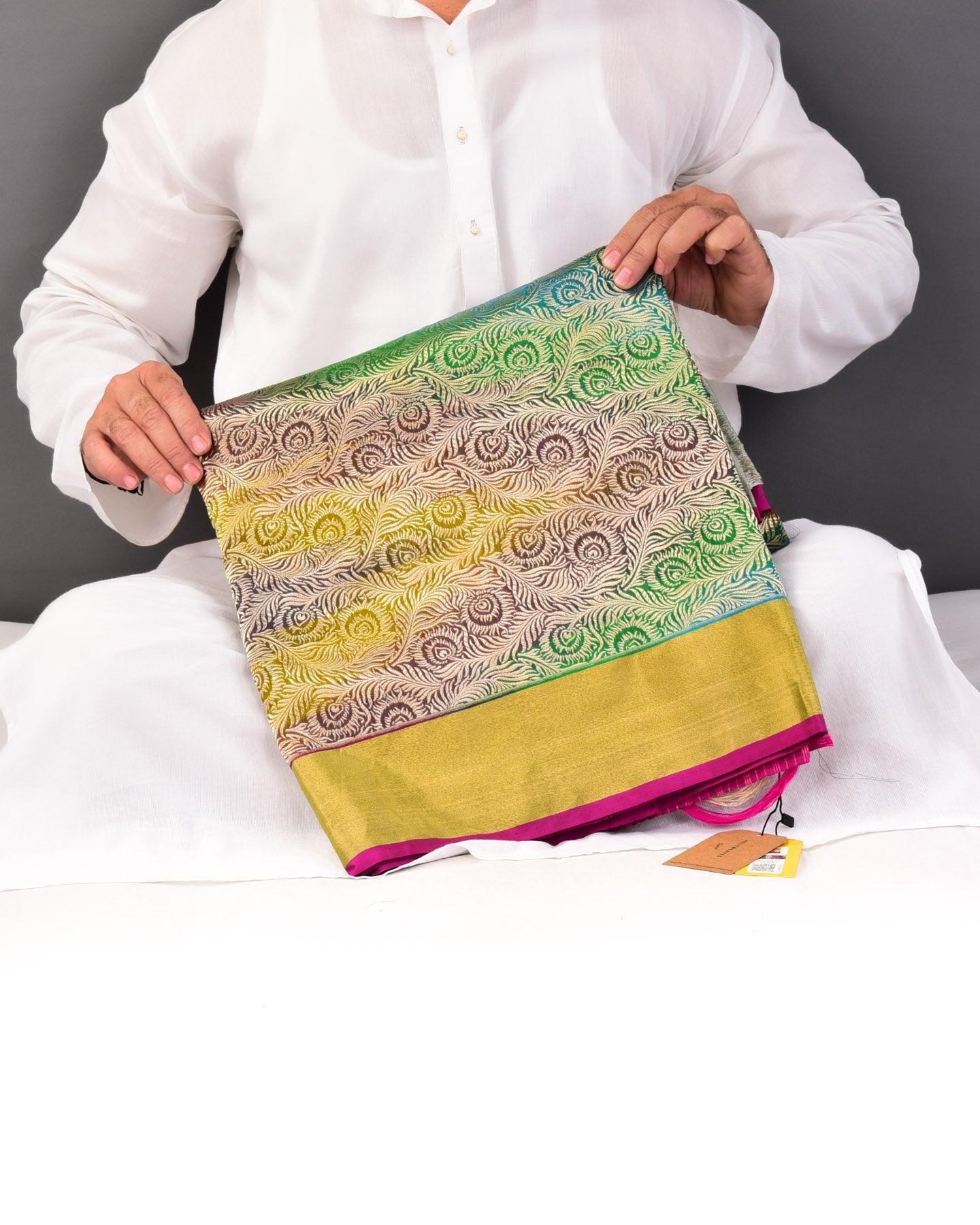 VIBGYOR Green Banarasi Morpankh Brocade Handwoven Katan Silk Saree - By HolyWeaves, Benares