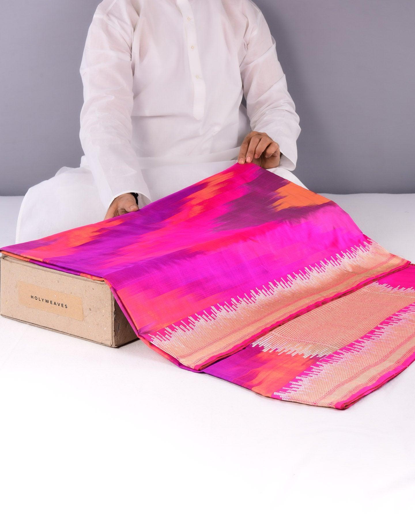 Vibgyor Pink Banarasi Iridescent Kadhuan Brocade Handwoven Katan Silk Saree - By HolyWeaves, Benares