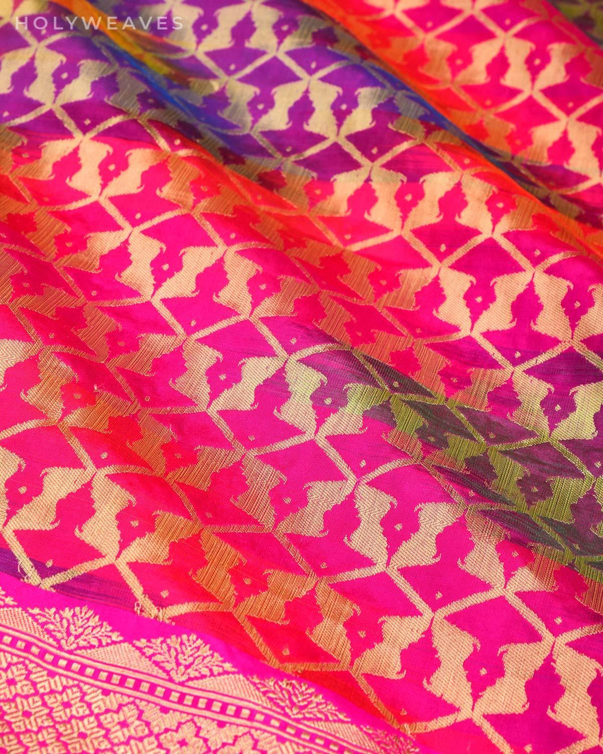 VIBGYOR Pink Banarasi Paudi "Buddha Mind & Soul" Cutwork Brocade Handwoven Katan Silk Saree - By HolyWeaves, Benares