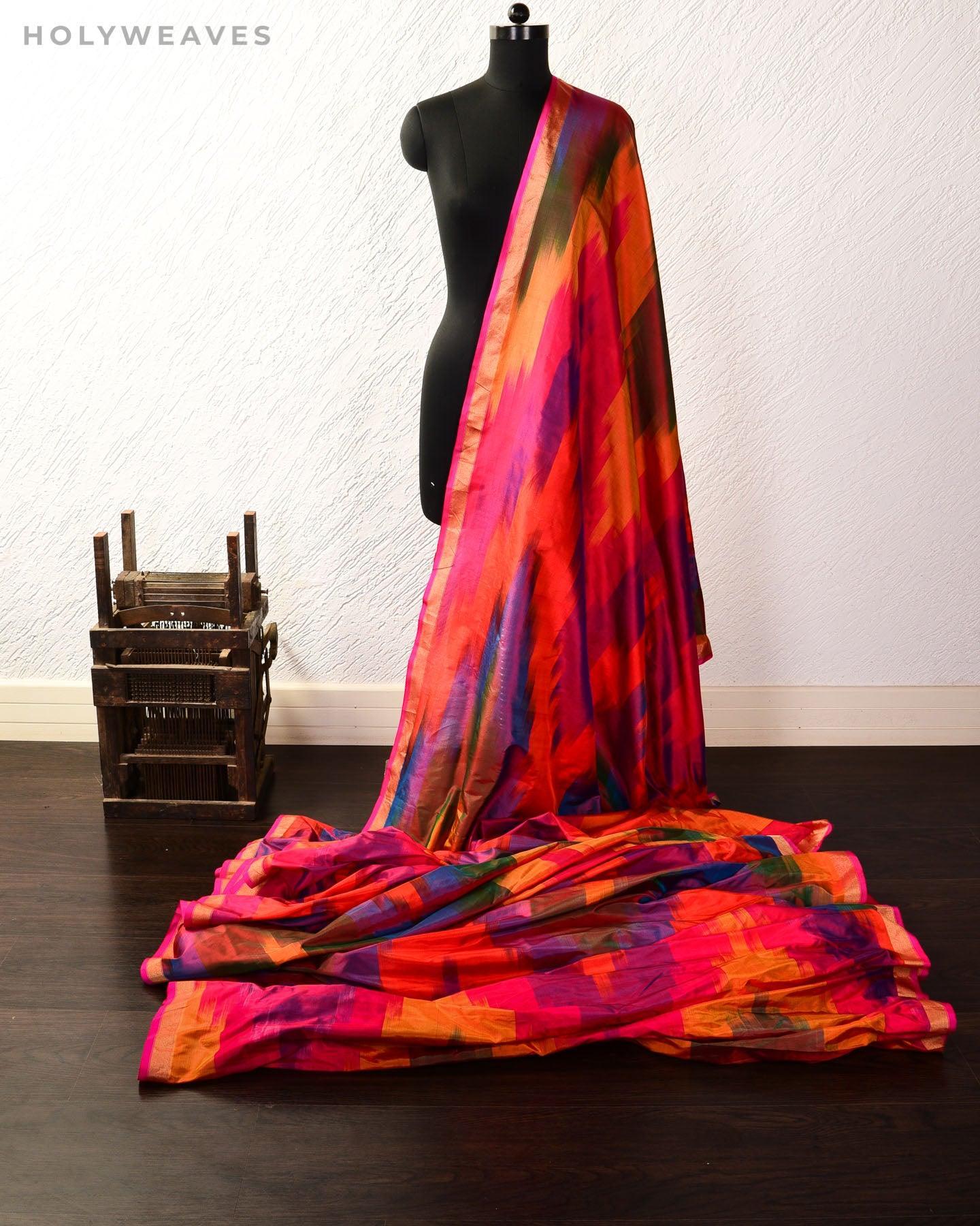 Vibgyor Red Banarasi Chevron Ikat Handwoven Katan Silk Fabric - By HolyWeaves, Benares