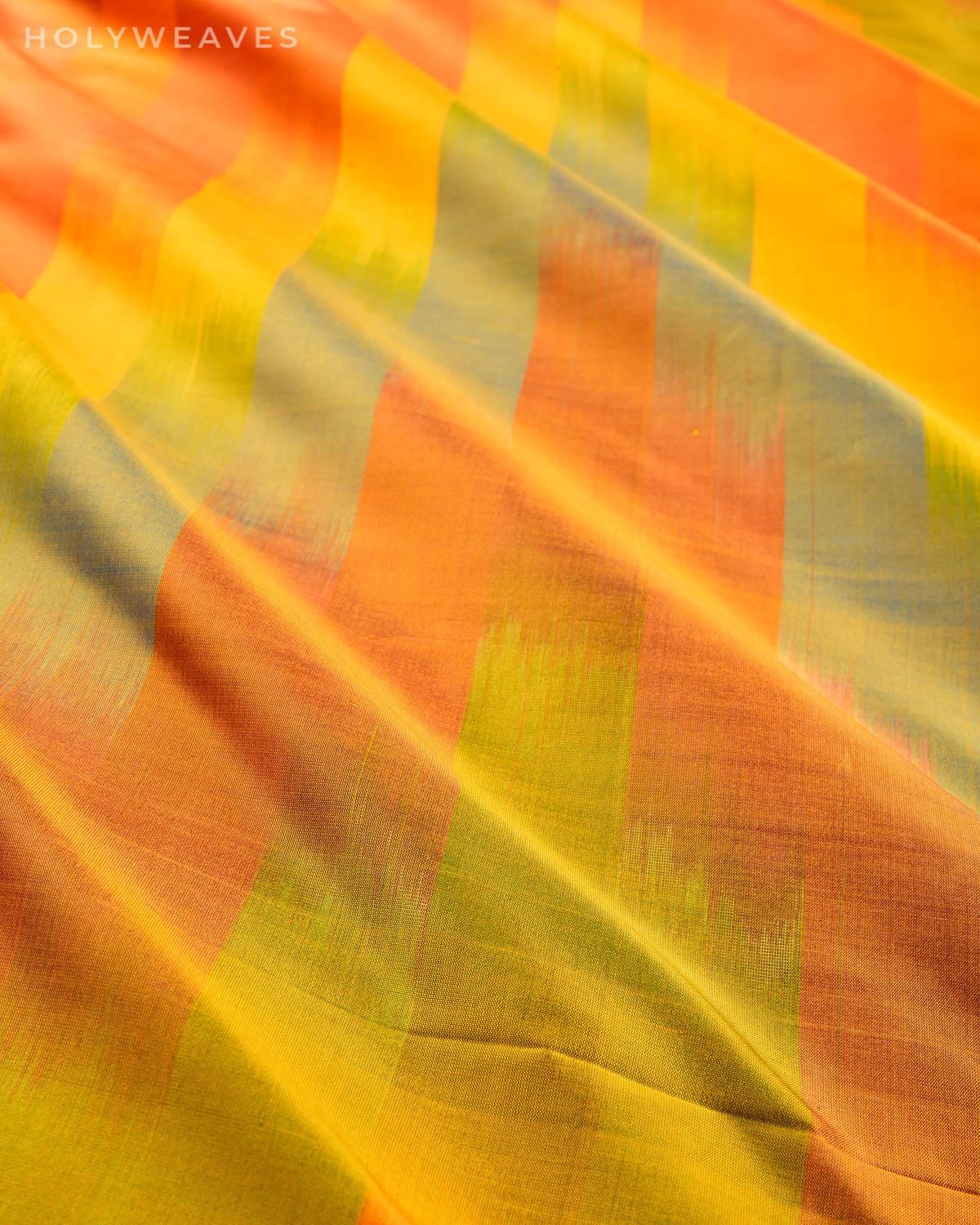Vibgyor Yellow Banarasi Chevron Ikat Handwoven Katan Silk Fabric - By HolyWeaves, Benares