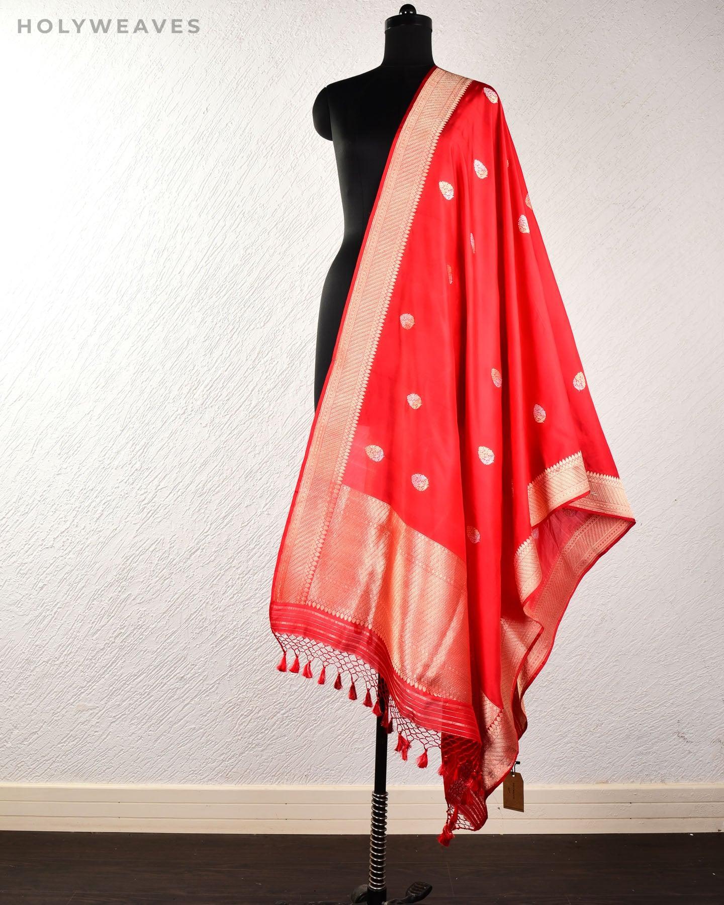 Vibrant Red Banarasi Alfi Sona Rupa Kadhuan Brocade Handwoven Katan Silk Dupatta - By HolyWeaves, Benares