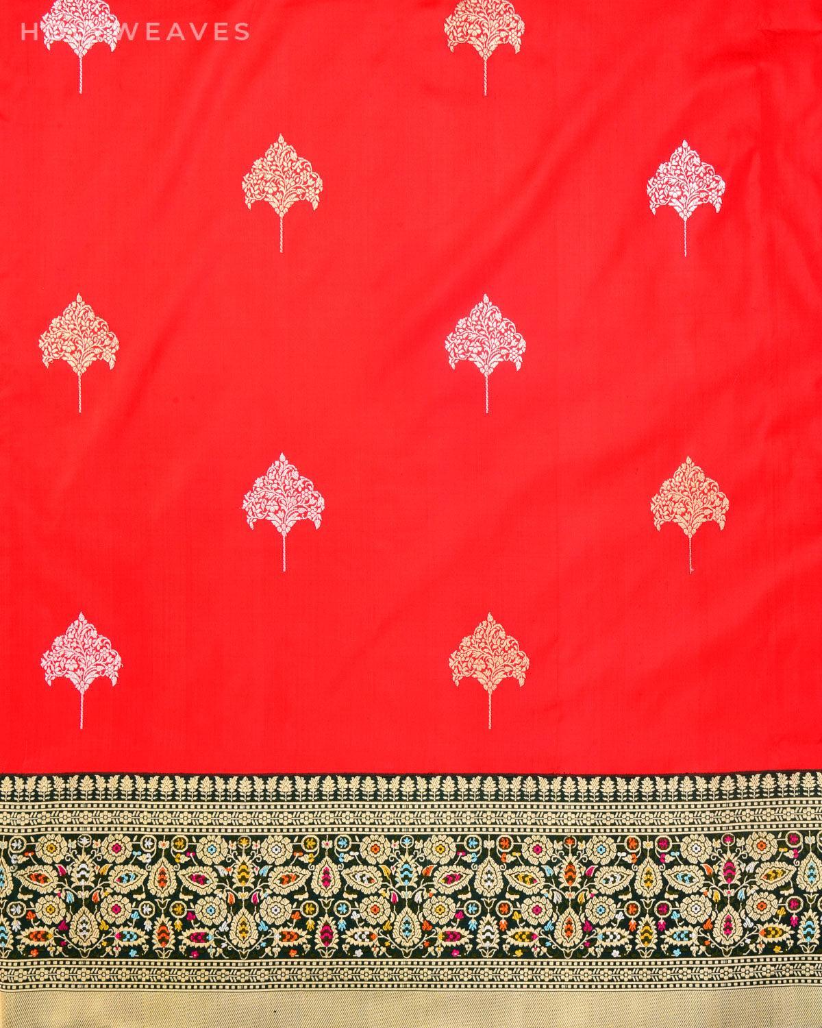 Vibrant Red Banarasi Kadhuan Brocade Handwoven Katan Silk Saree with Chauhara Mennedar Border Pallu - By HolyWeaves, Benares