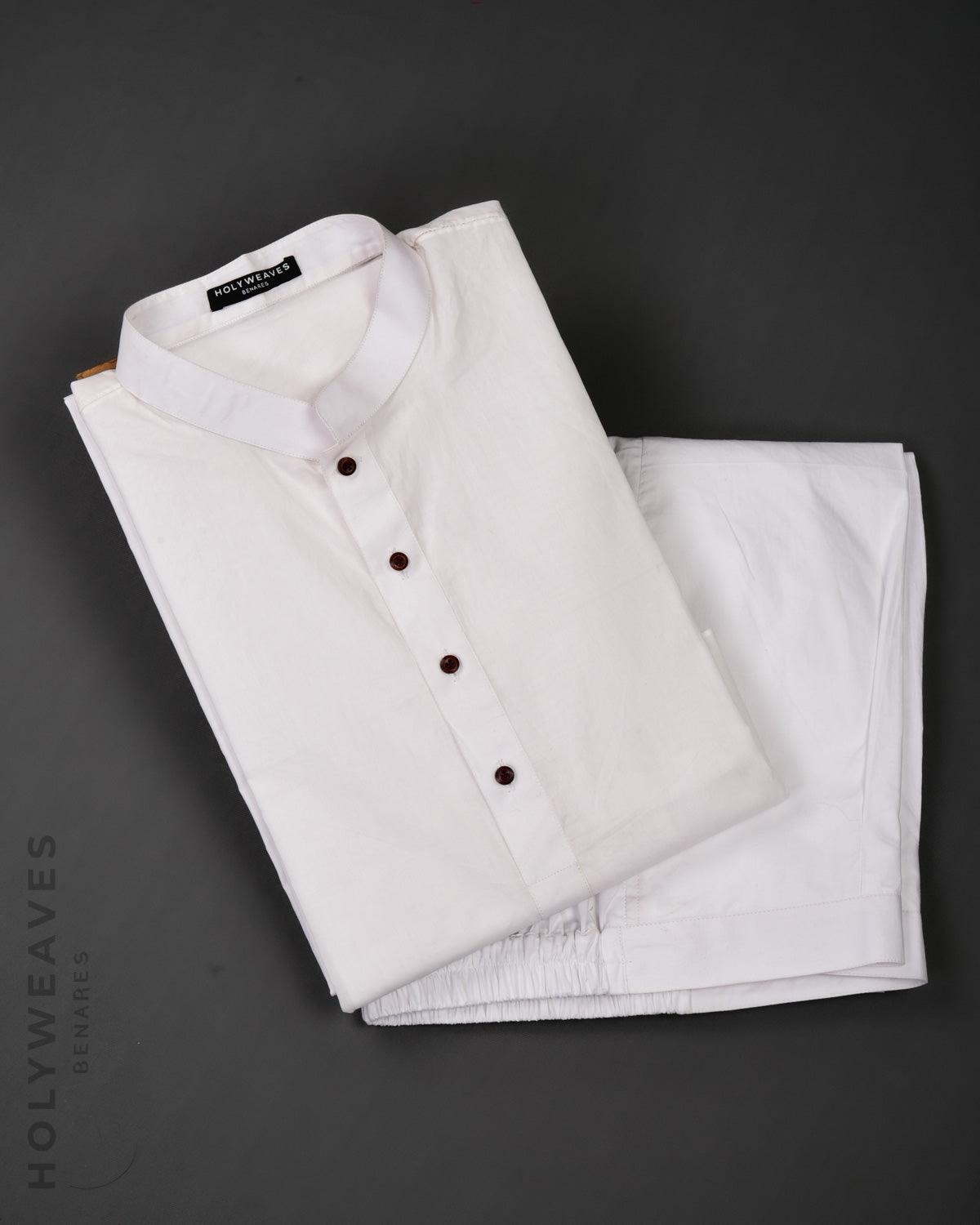 White Addhi Cotton Mens Kurta Pyjama with Haath Ki Jaali Shoulder - By HolyWeaves, Benares