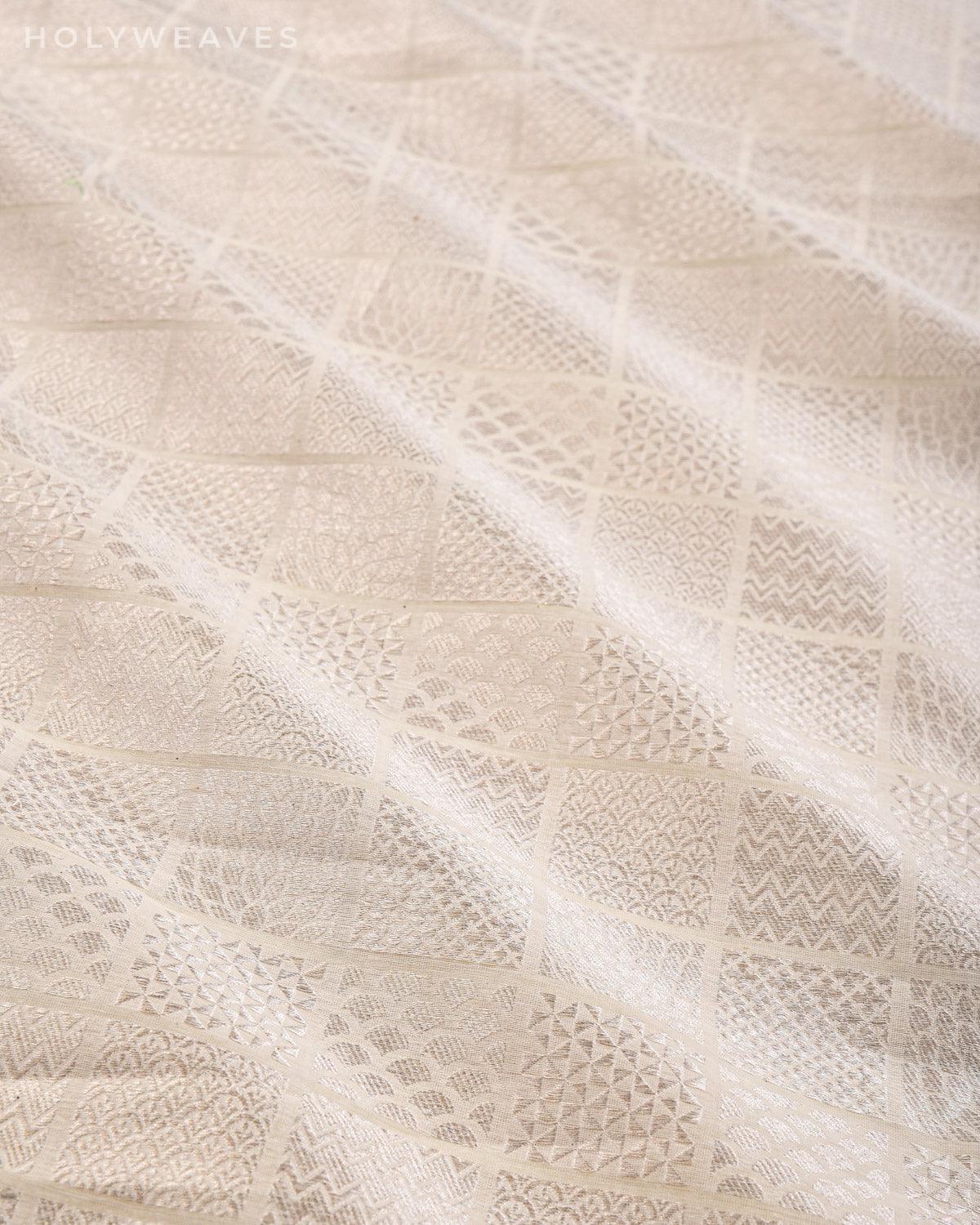 White Banarasi Chequered Silver Zari Brocade Handwoven Cotton Silk Fabric - By HolyWeaves, Benares