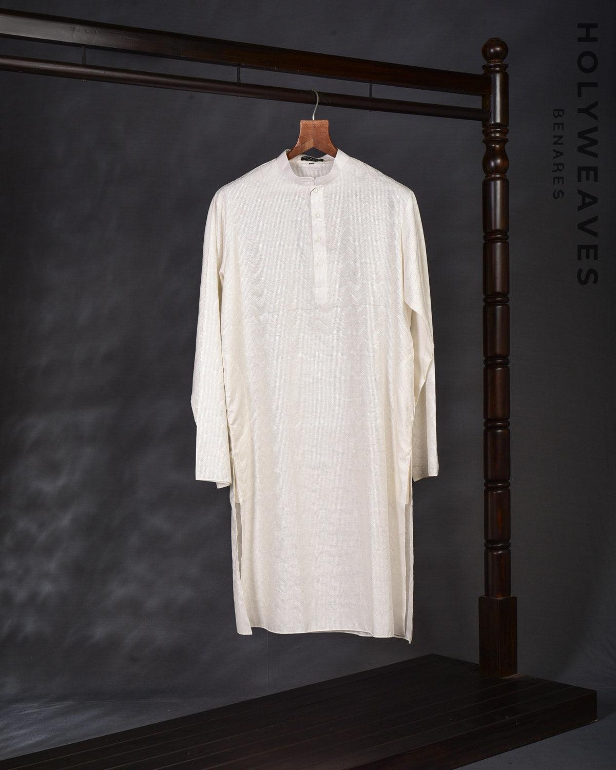 White Banarasi Chevron Waterfall Jacquard Woven Blended Cotton Silk Mens Kurta Pyjama - By HolyWeaves, Benares
