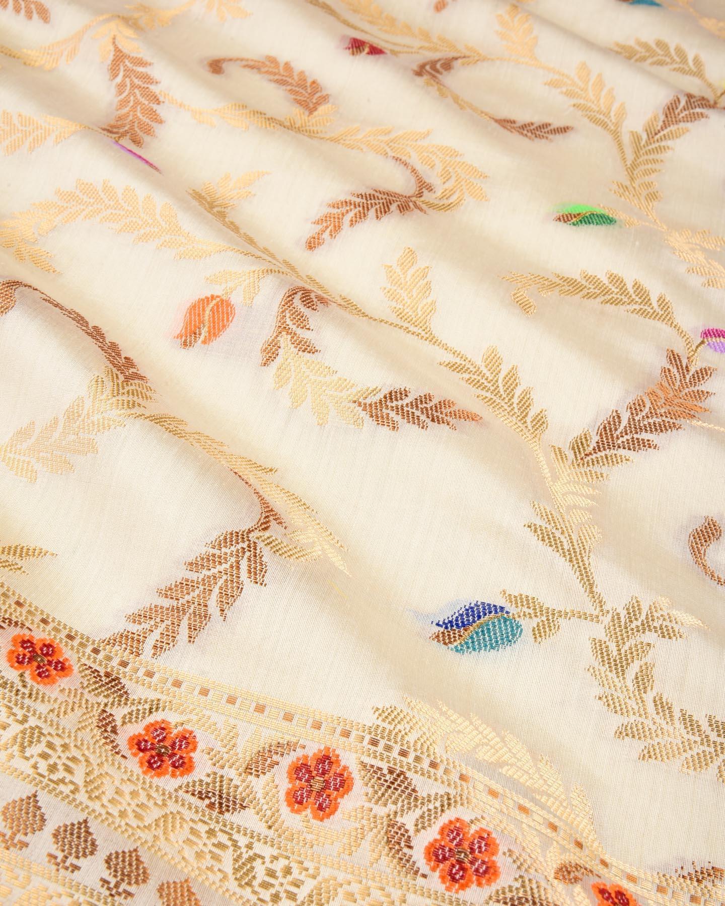 White Banarasi Gold & Antique Zari & Resham Meena Jaal Cutwork Brocade Woven Spun Silk Saree - By HolyWeaves, Benares