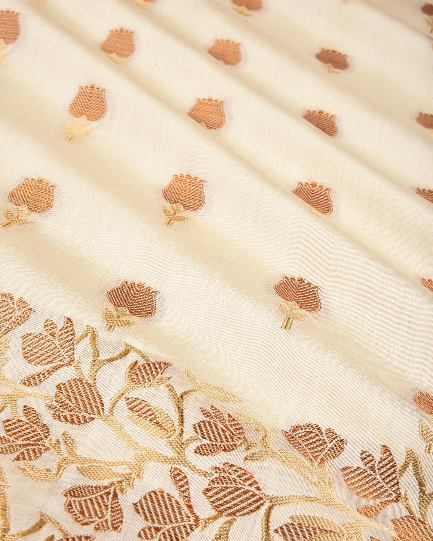 White Banarasi Gold & Antique Zari Buti Cutwork Brocade Woven Spun Silk Saree - By HolyWeaves, Benares