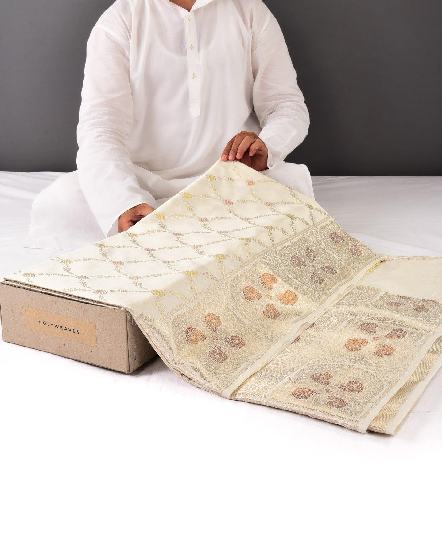White Banarasi Gold & Meena Zari Jangla Cutwork Brocade Woven Spun Silk Saree - By HolyWeaves, Benares