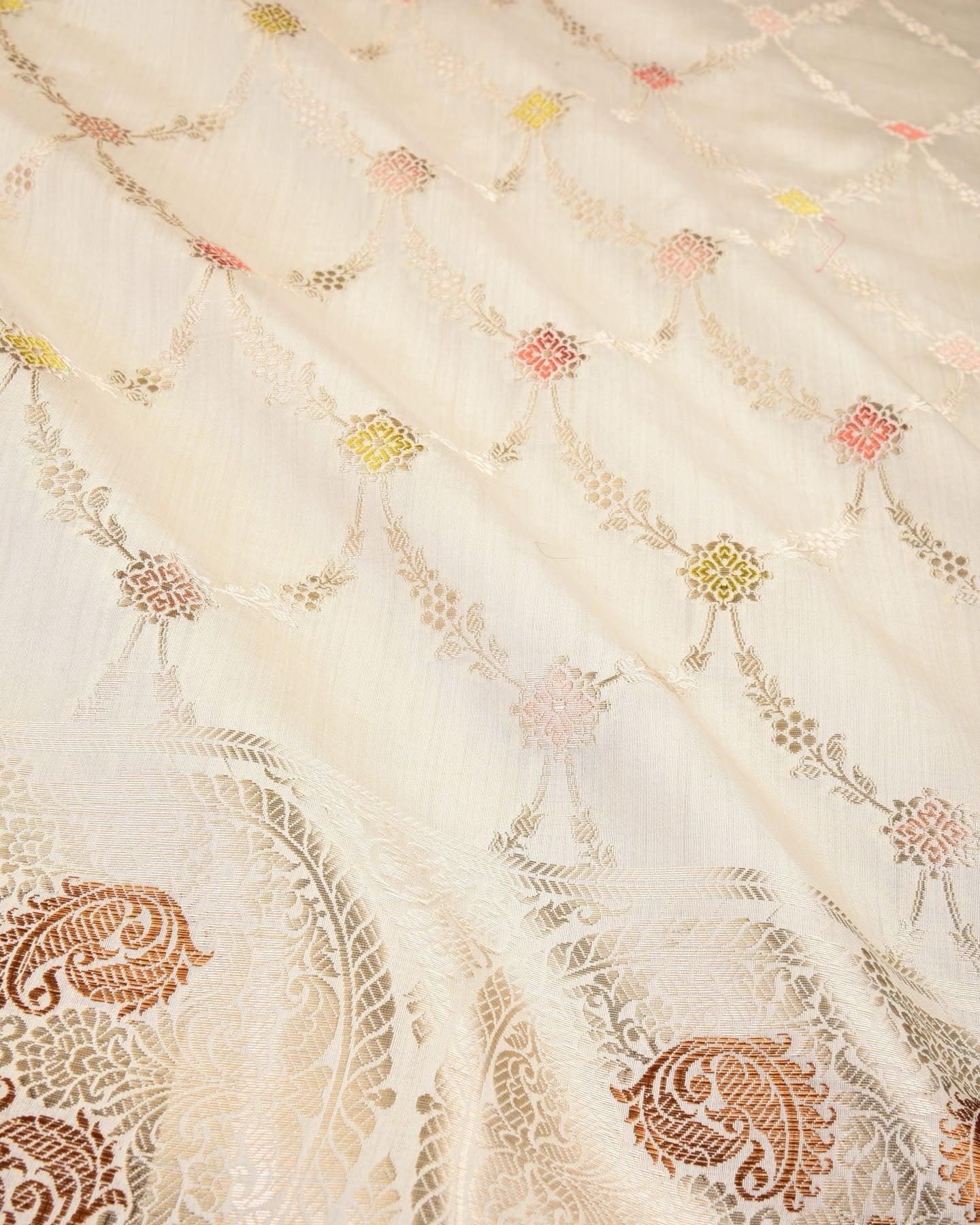 White Banarasi Gold & Meena Zari Jangla Cutwork Brocade Woven Spun Silk Saree - By HolyWeaves, Benares