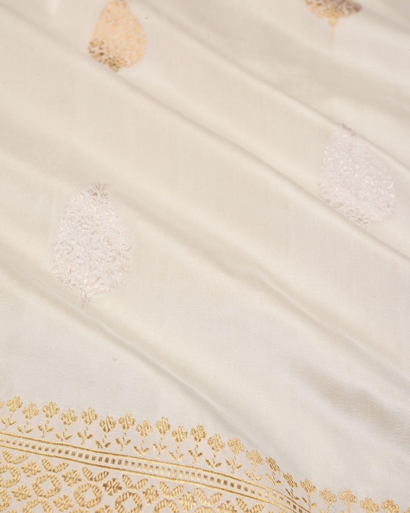 White Banarasi Gold & Silver Leaf Buta Kadhuan Brocade Handwoven Katan Silk Saree - By HolyWeaves, Benares