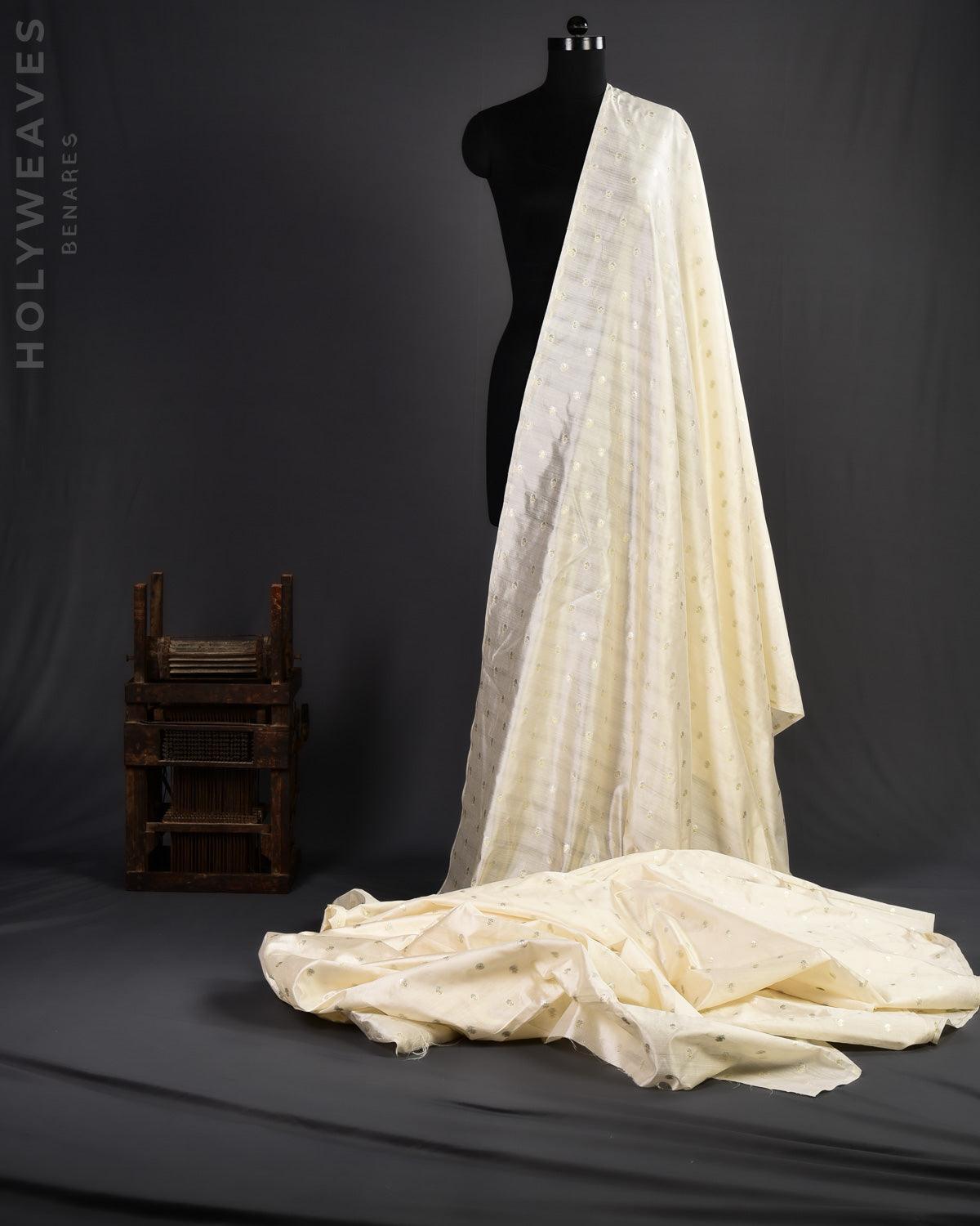 White Banarasi Gold & Silver Zari Alfi Buti Cutwork Brocade Handwoven Spun Silk Fabric - By HolyWeaves, Benares