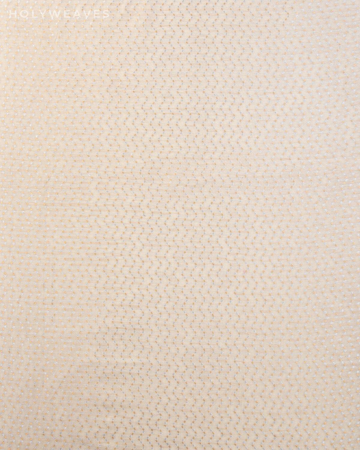 White Banarasi Gold Silver Chevron Cutwork Brocade Handwoven Cotton Silk Fabric - By HolyWeaves, Benares