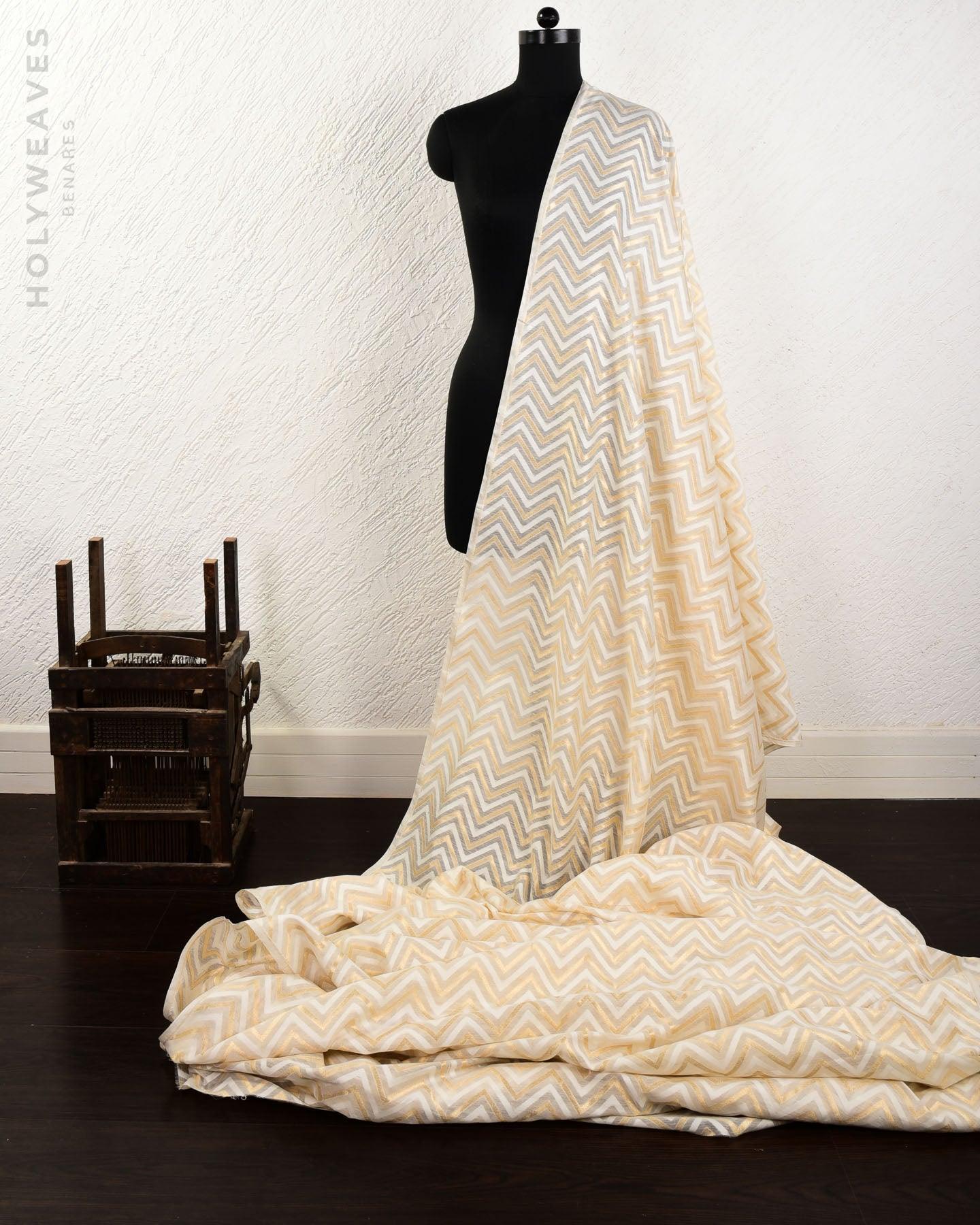 White Banarasi Gold Zari & Resham Chevron Cutwork Brocade Woven Cotton Silk Fabric - By HolyWeaves, Benares