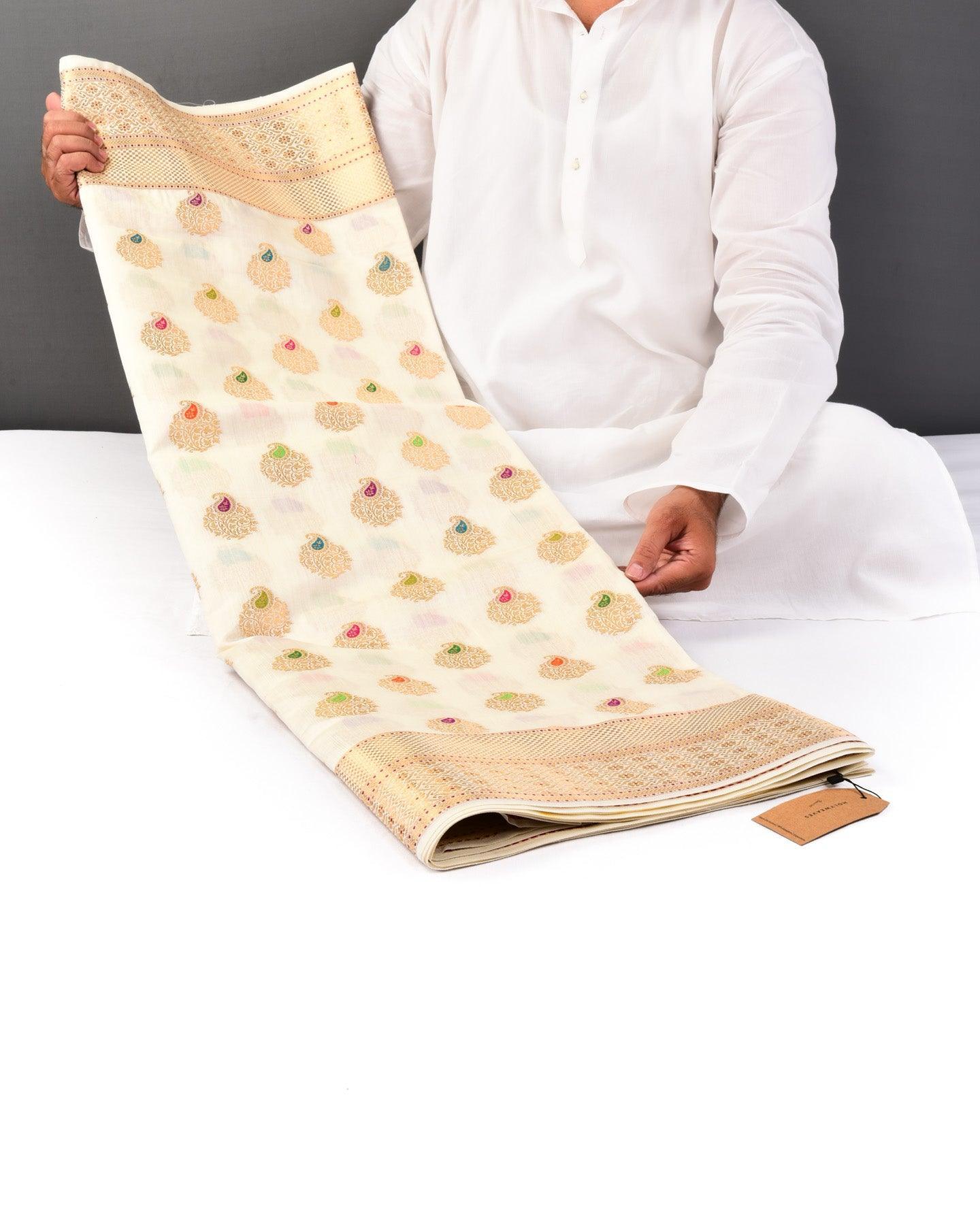 White Banarasi Gold Zari & Resham Meena Buta Cutwork Brocade Woven Spun Silk Saree - By HolyWeaves, Benares
