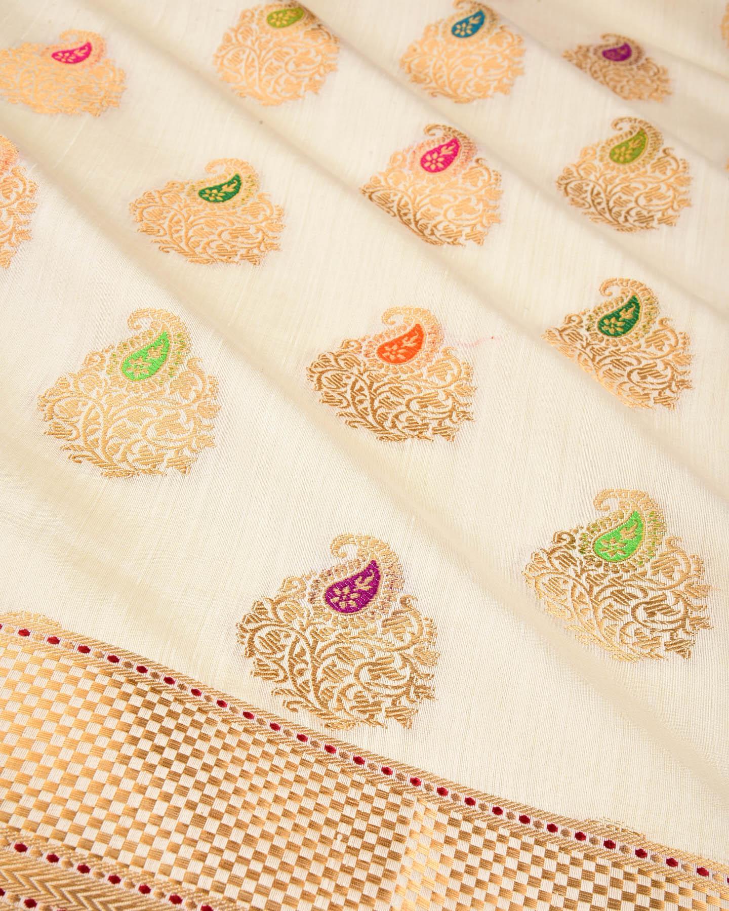 White Banarasi Gold Zari & Resham Meena Buta Cutwork Brocade Woven Spun Silk Saree - By HolyWeaves, Benares