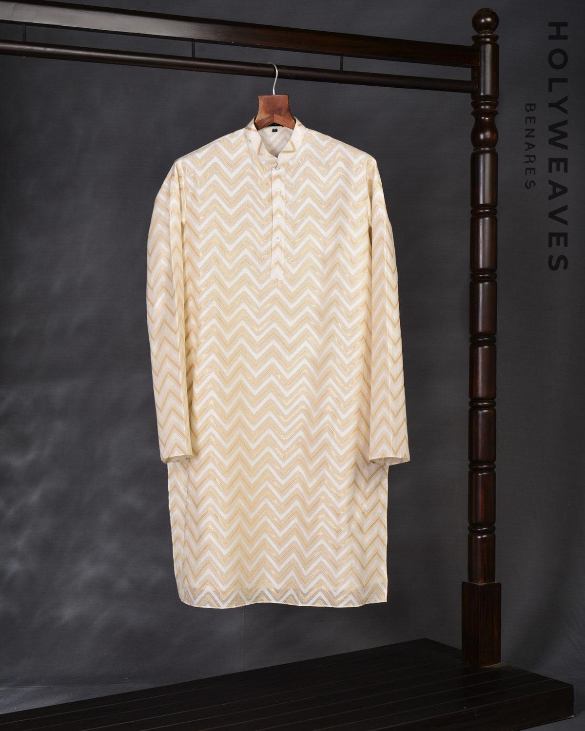White Banarasi Gold Zari Chevron Brocade Handwoven Cotton Silk Mens Kurta Pyjama - By HolyWeaves, Benares