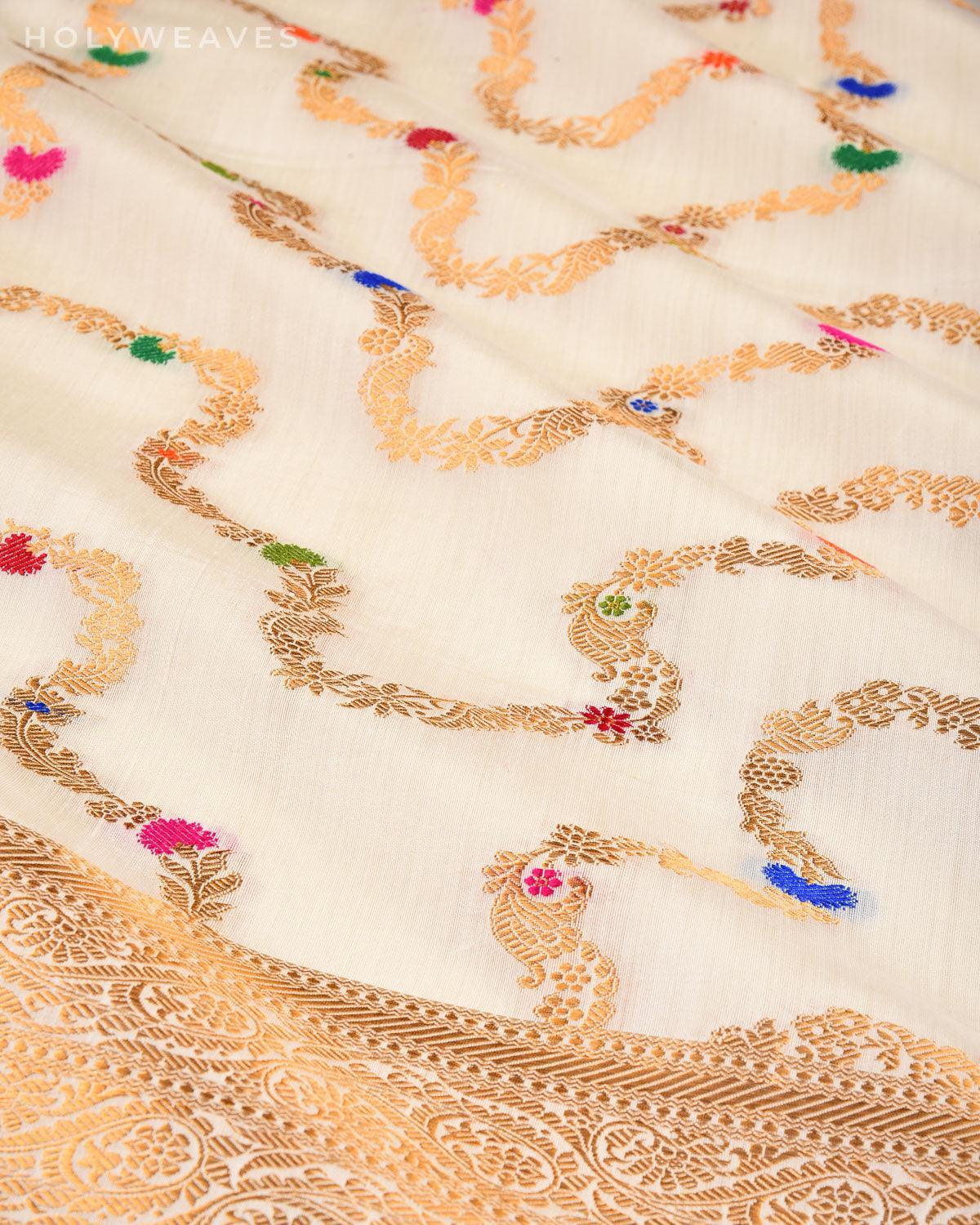 White Banarasi Gold Zari Meena Jaal Cutwork Brocade Woven Spun Silk Saree - By HolyWeaves, Benares