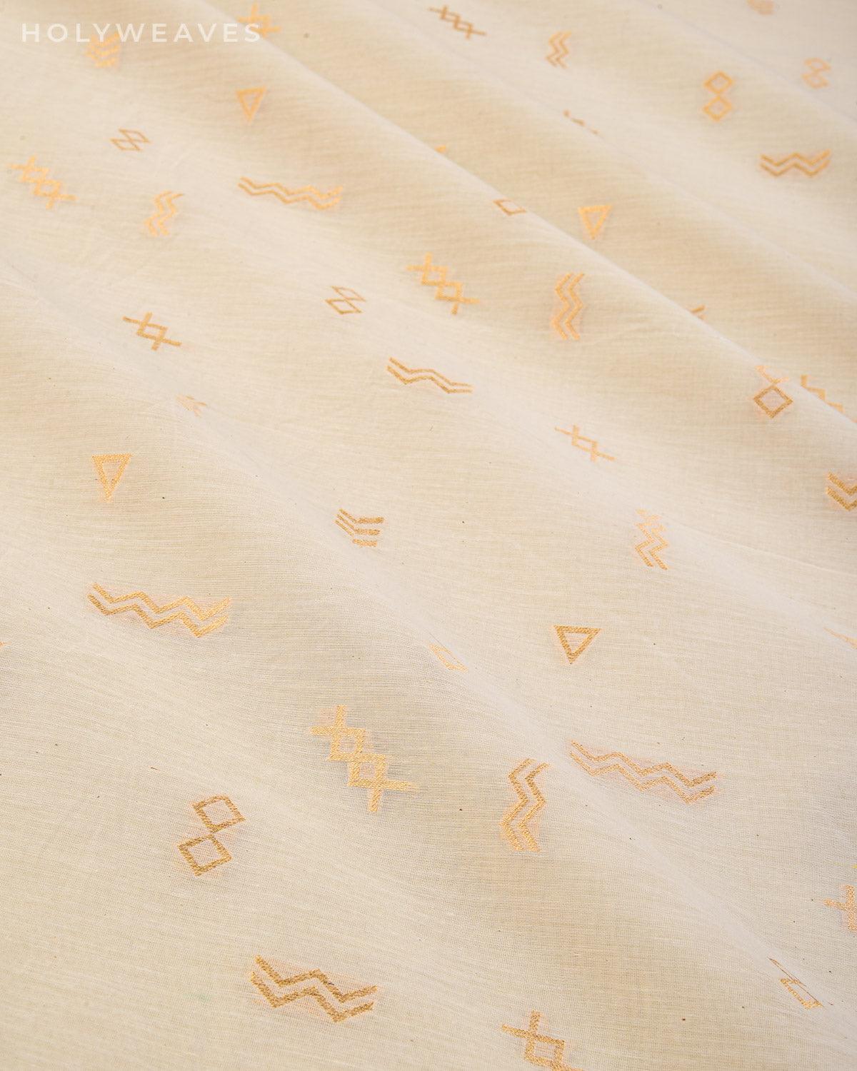 White Banarasi Gold Zari Random Geometric Cutwork Brocade Handwoven Cotton Silk Fabric - By HolyWeaves, Benares