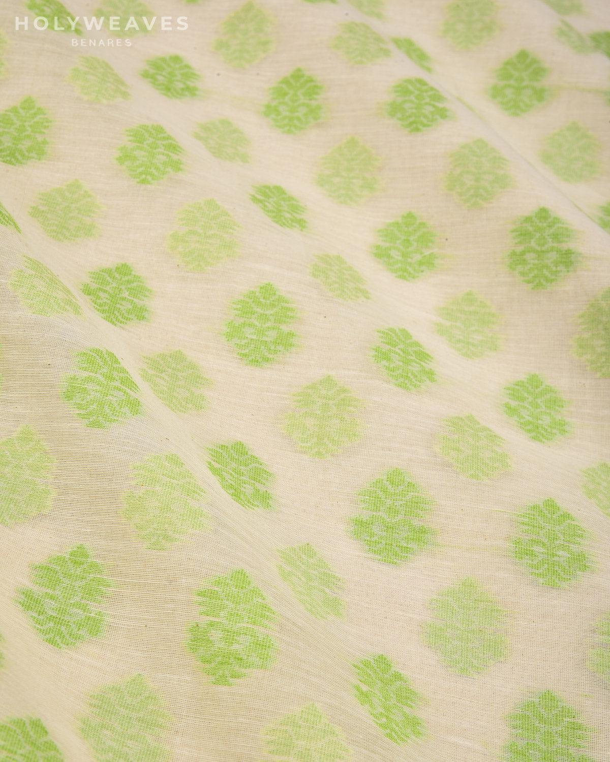 White Banarasi Green Resham Buti Cutwork Brocade Woven Cotton Silk Fabric - By HolyWeaves, Benares