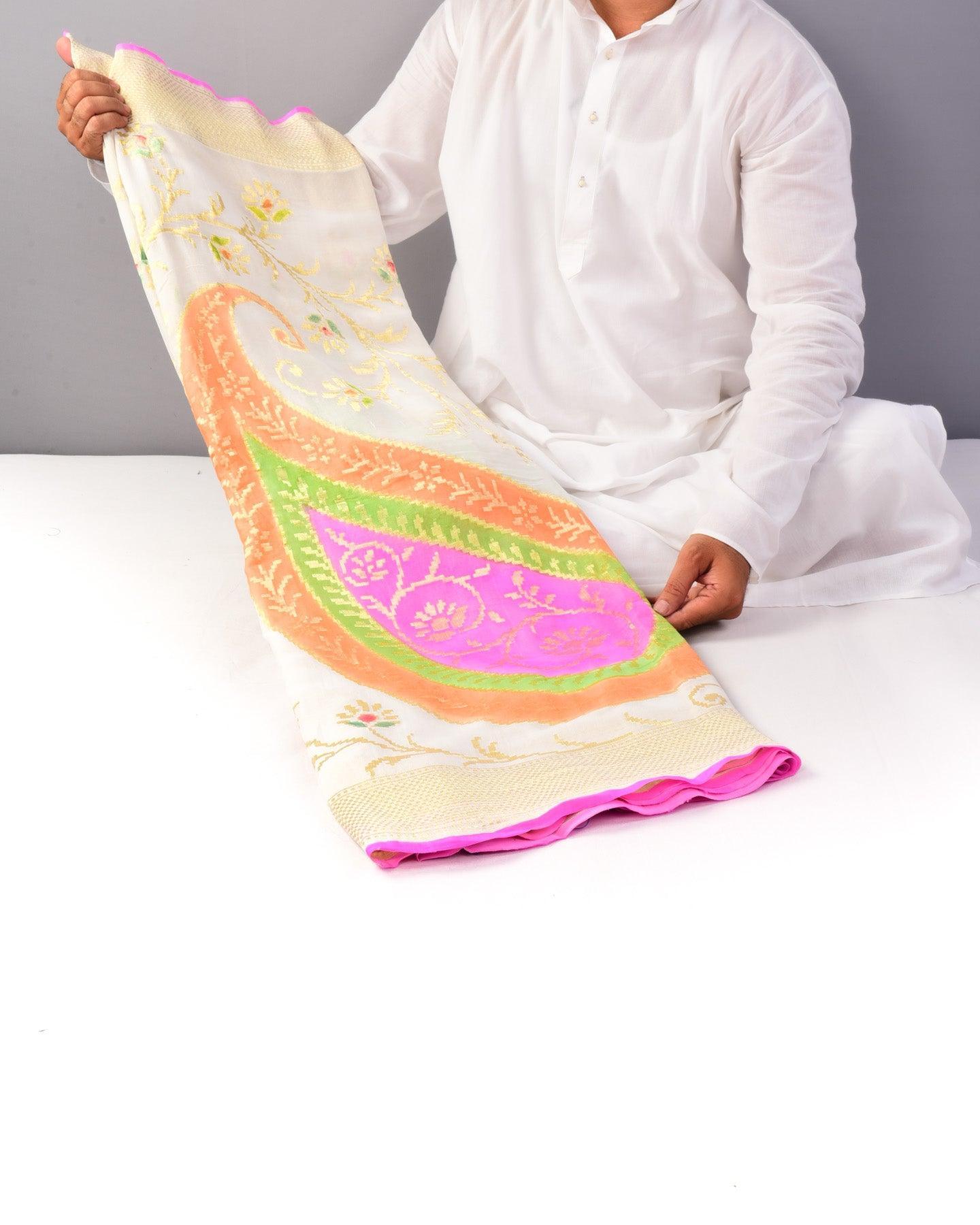 White Banarasi Hand-brush Badi Kairi Jaal Cutwork Brocade Handwoven Khaddi Georgette Saree - By HolyWeaves, Benares