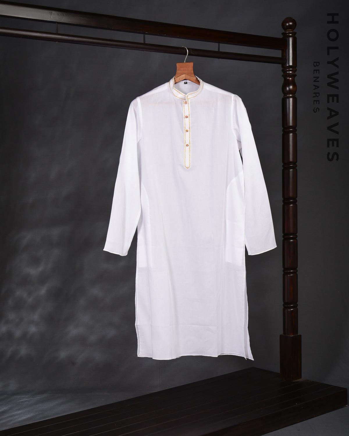 White Banarasi Hand Embroidered Addhi Cotton Mens Kurta Pyjama - By HolyWeaves, Benares