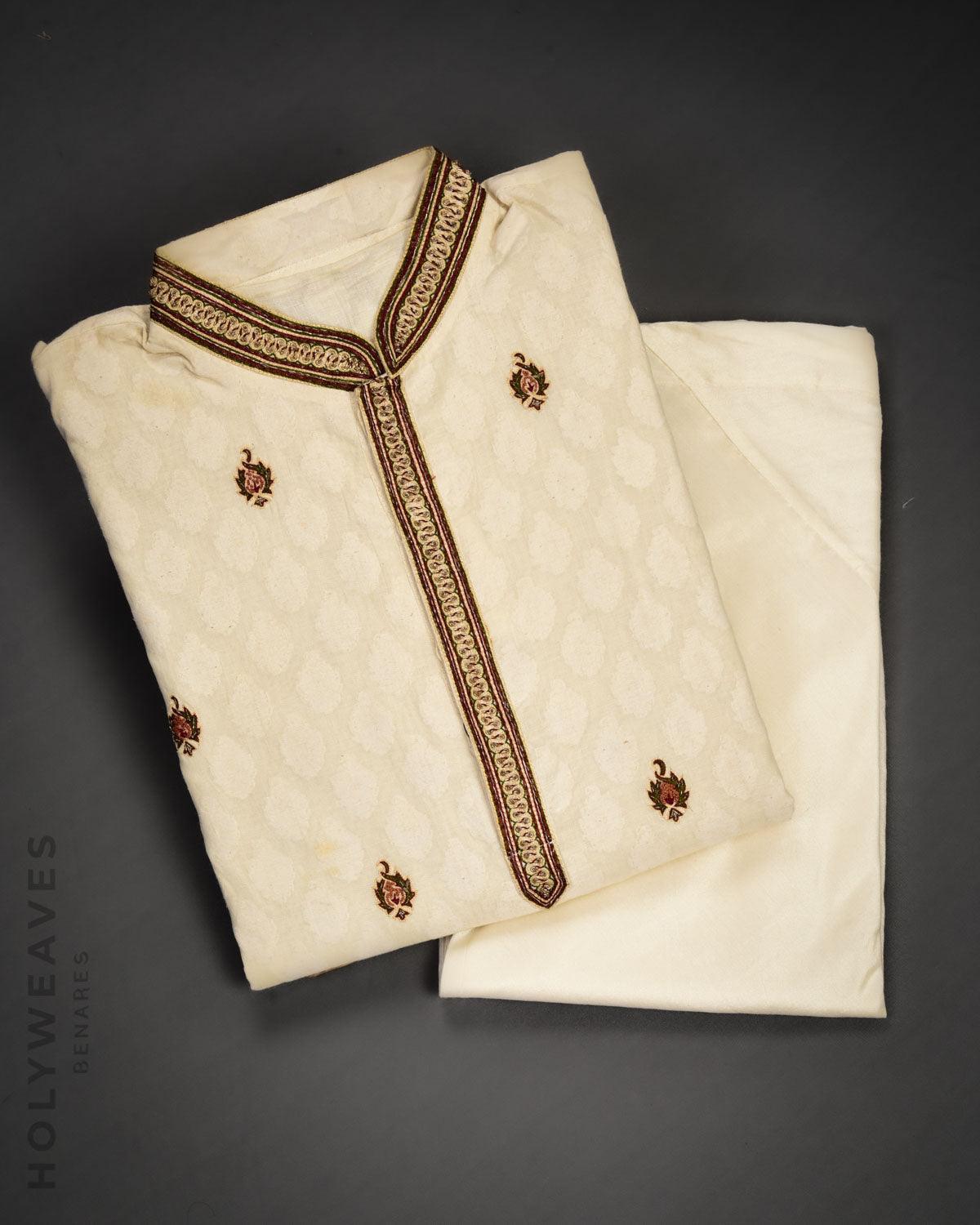 White Banarasi Hand-embroidered Cotton Silk Mens Kurta Pyjama - By HolyWeaves, Benares