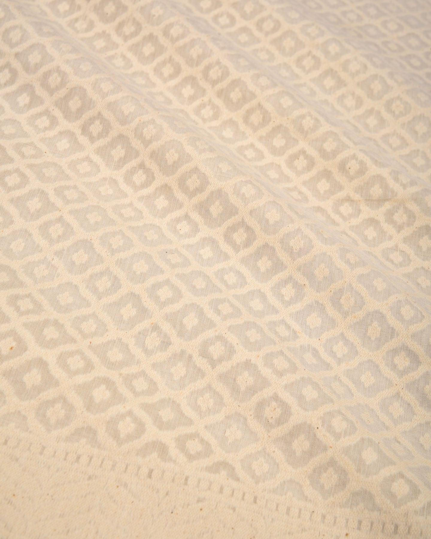 White Banarasi Jangla Buti Cutwork Brocade Woven Cotton Silk Dupatta - By HolyWeaves, Benares