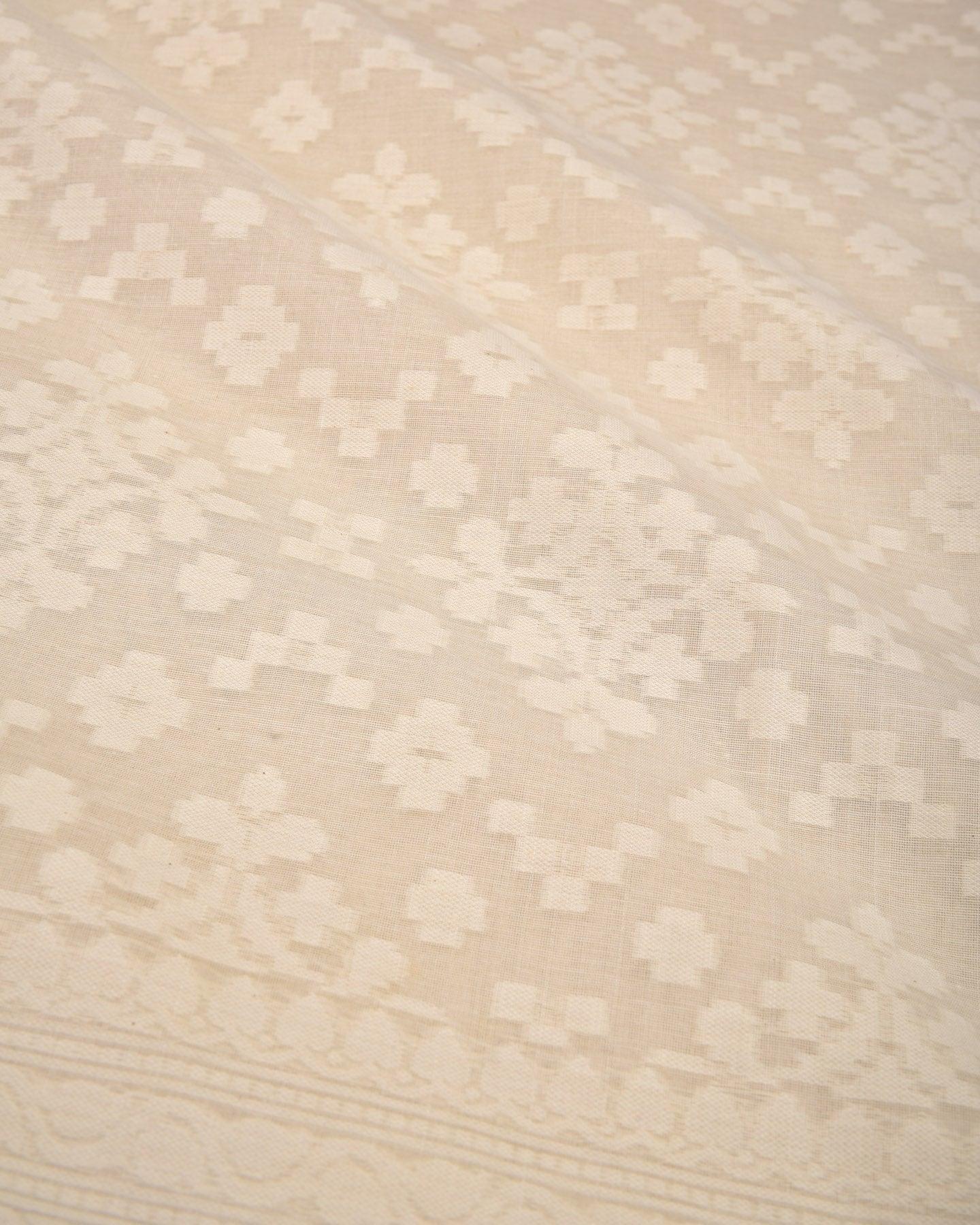 White Banarasi Jharokha Buti Cutwork Brocade Woven Cotton Silk Dupatta - By HolyWeaves, Benares