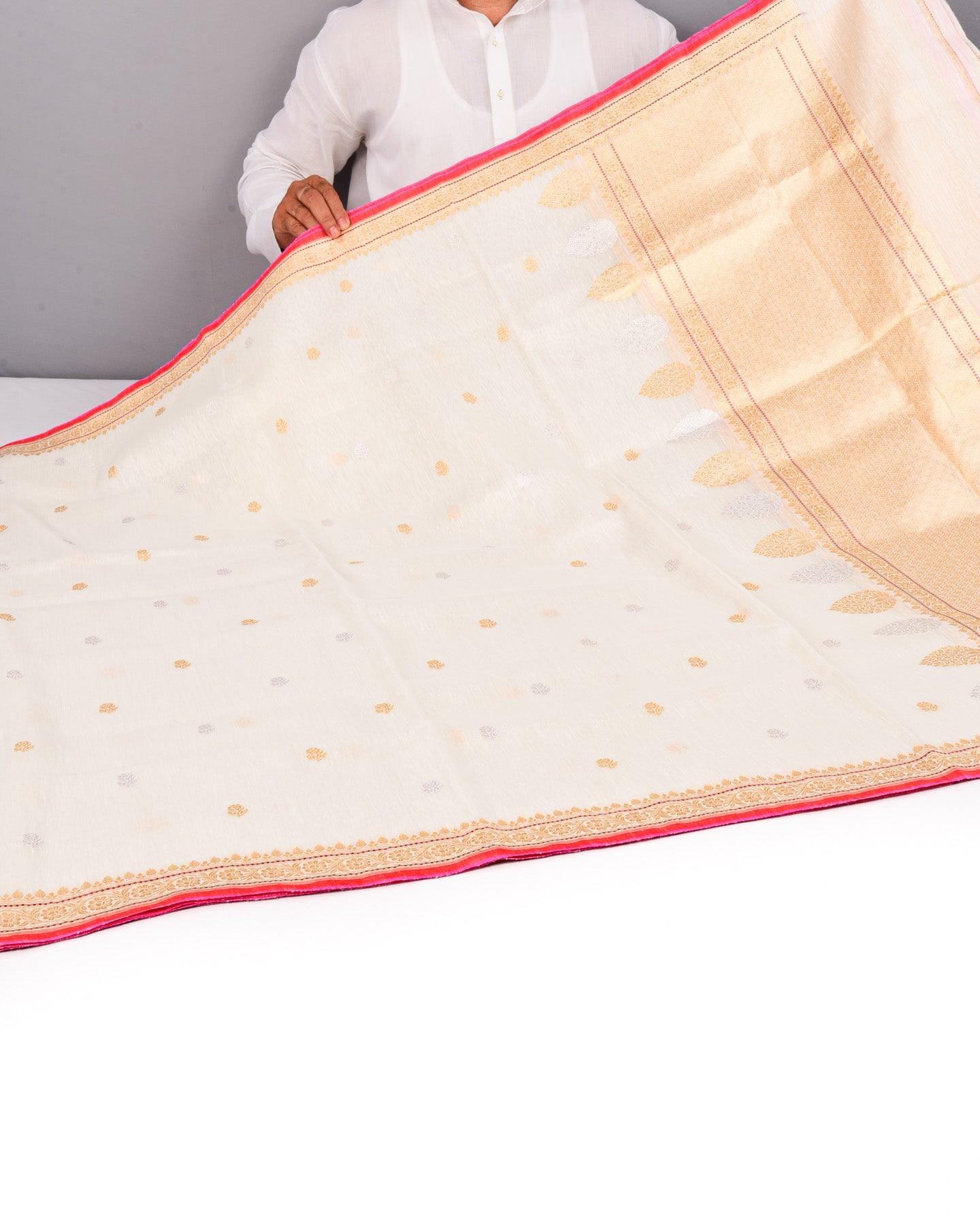 White Banarasi Kadhuan Brocade Handwoven Linen Silk Saree with Brocade Blouse - By HolyWeaves, Benares