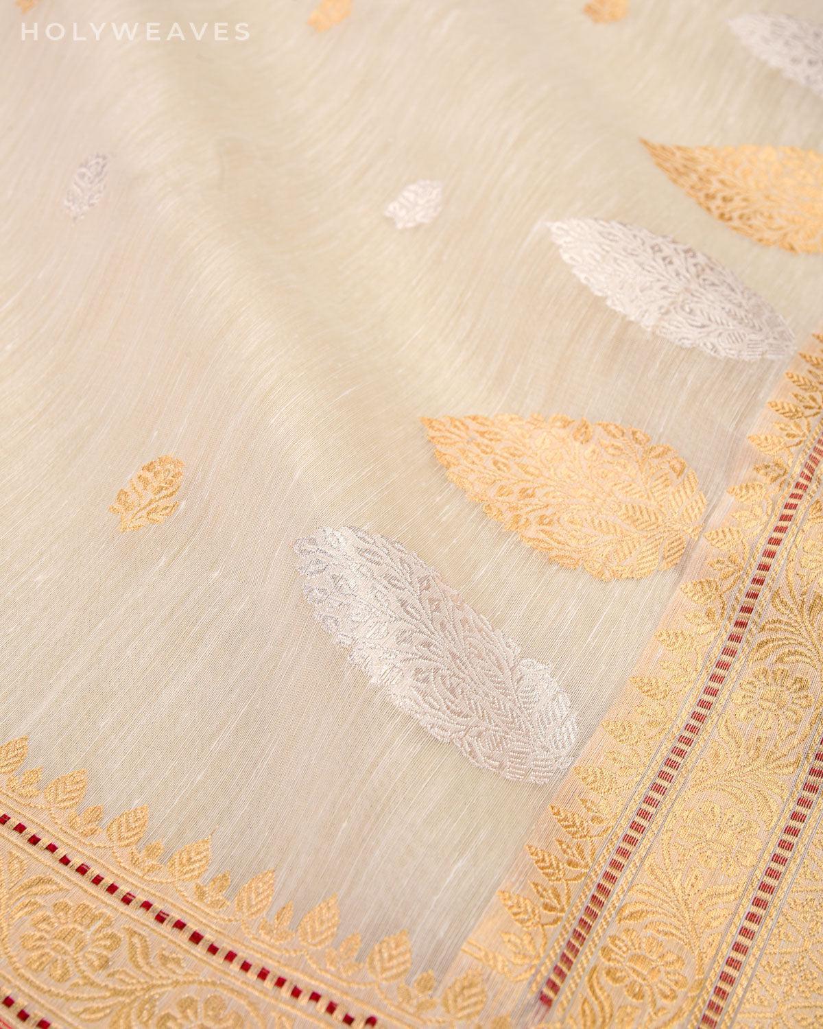 White Banarasi Kadhuan Brocade Handwoven Linen Silk Saree with Brocade Blouse - By HolyWeaves, Benares