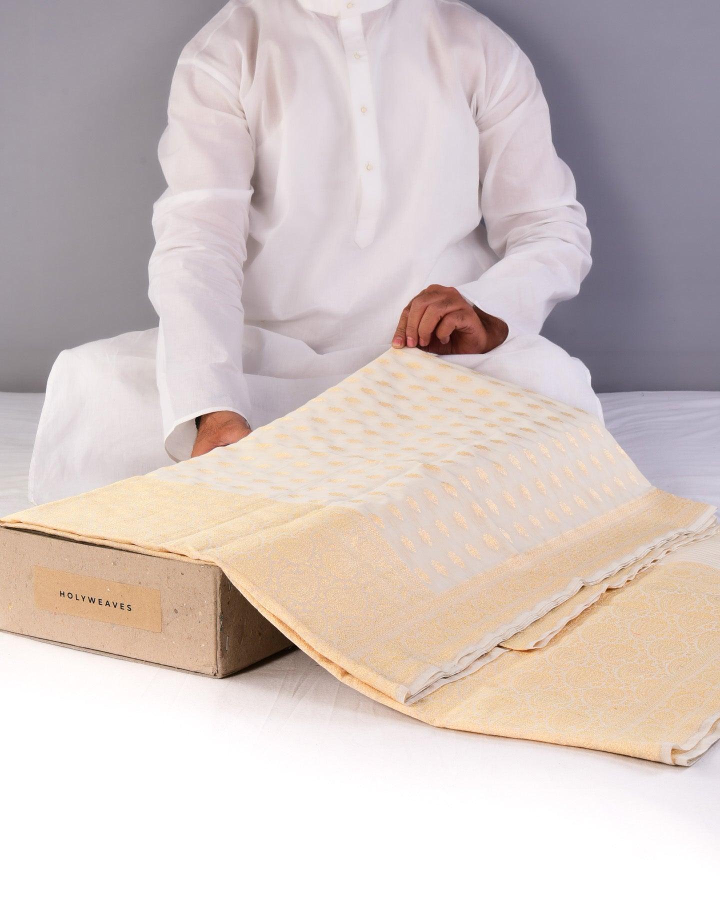 White Banarasi Kamal Buti Cutwork Brocade Handwoven Cotton Silk Saree - By HolyWeaves, Benares