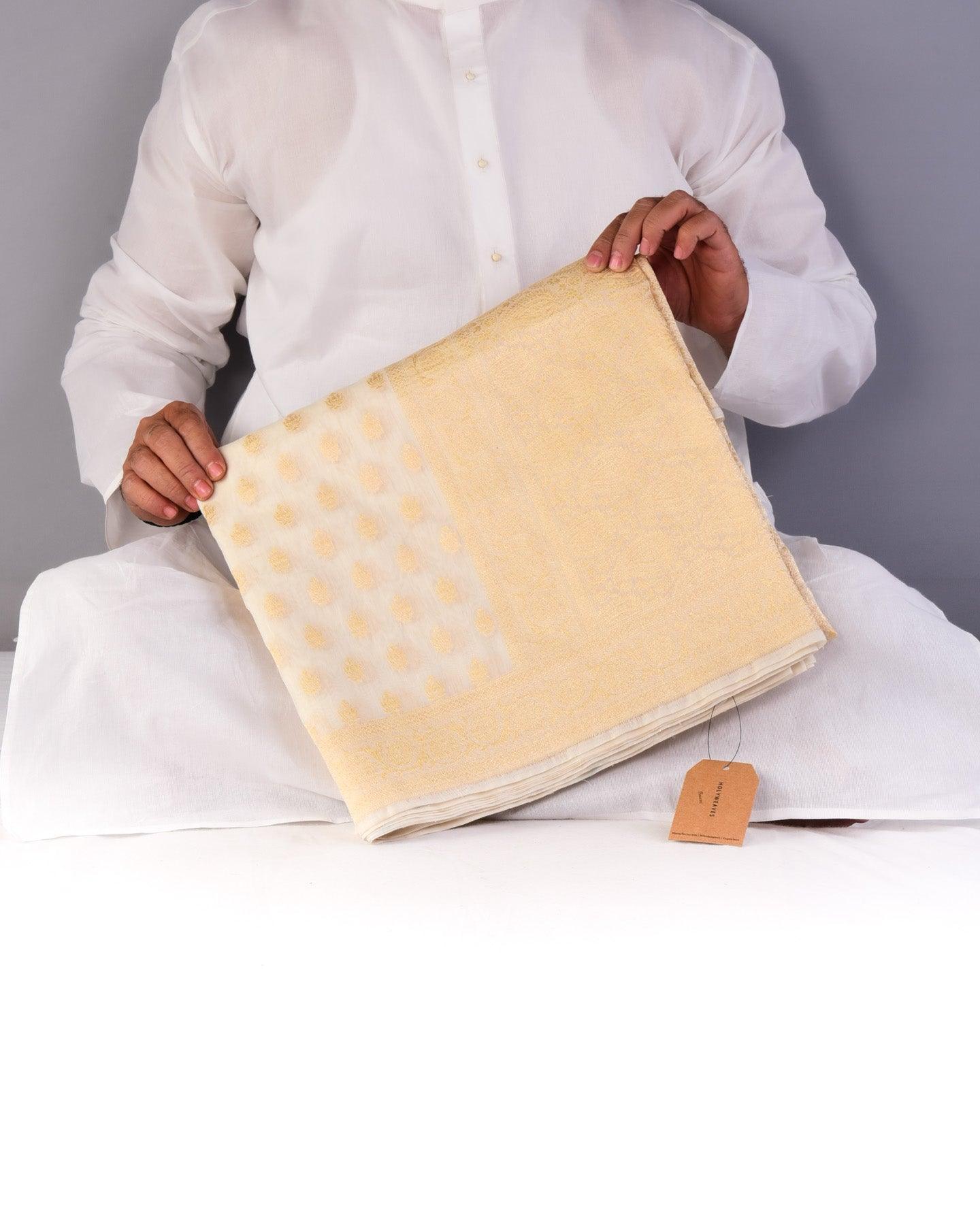 White Banarasi Kamal Buti Cutwork Brocade Handwoven Cotton Silk Saree - By HolyWeaves, Benares