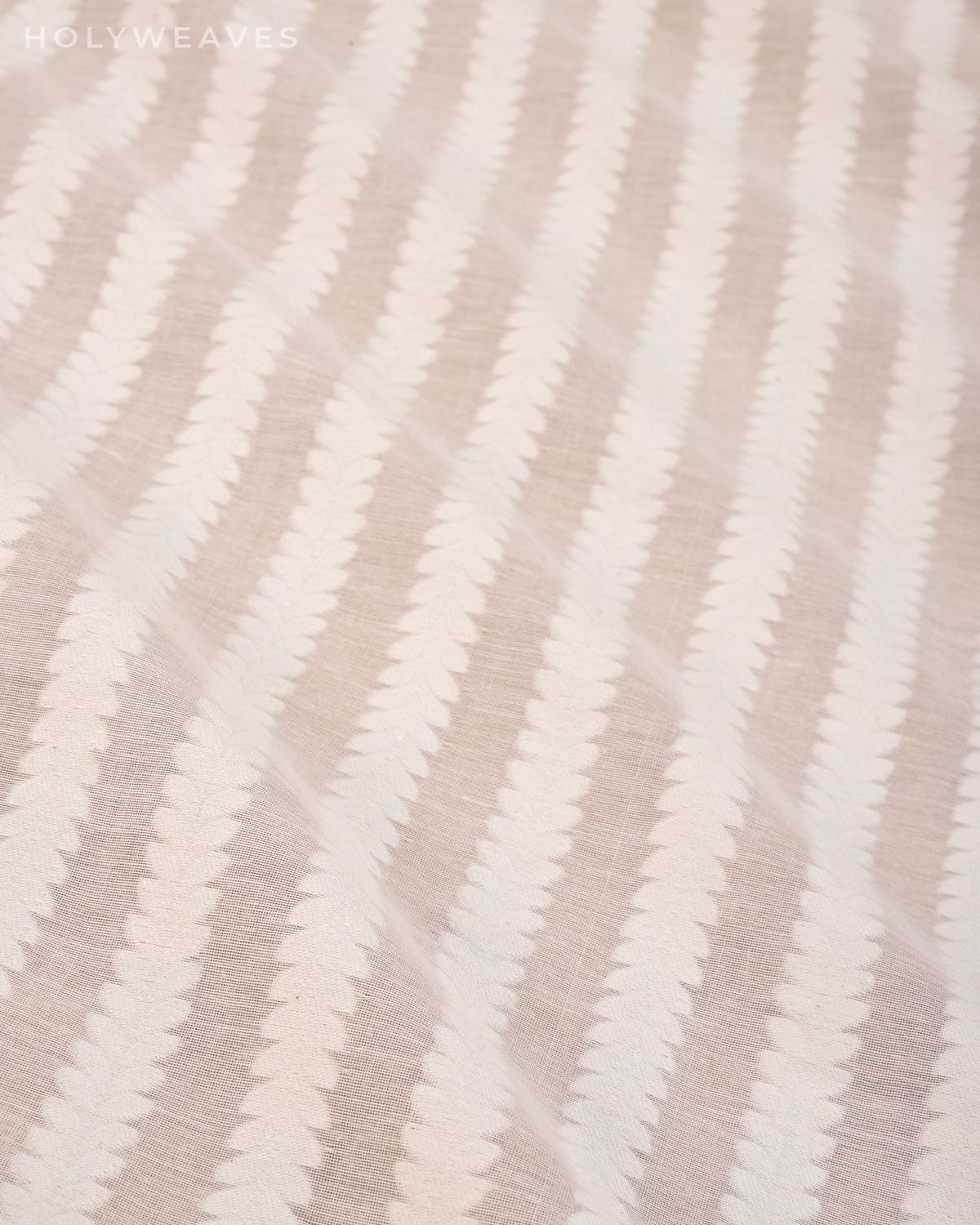 White Banarasi Leaf Stripes Cutwork Brocade Woven Cotton Silk Fabric - By HolyWeaves, Benares