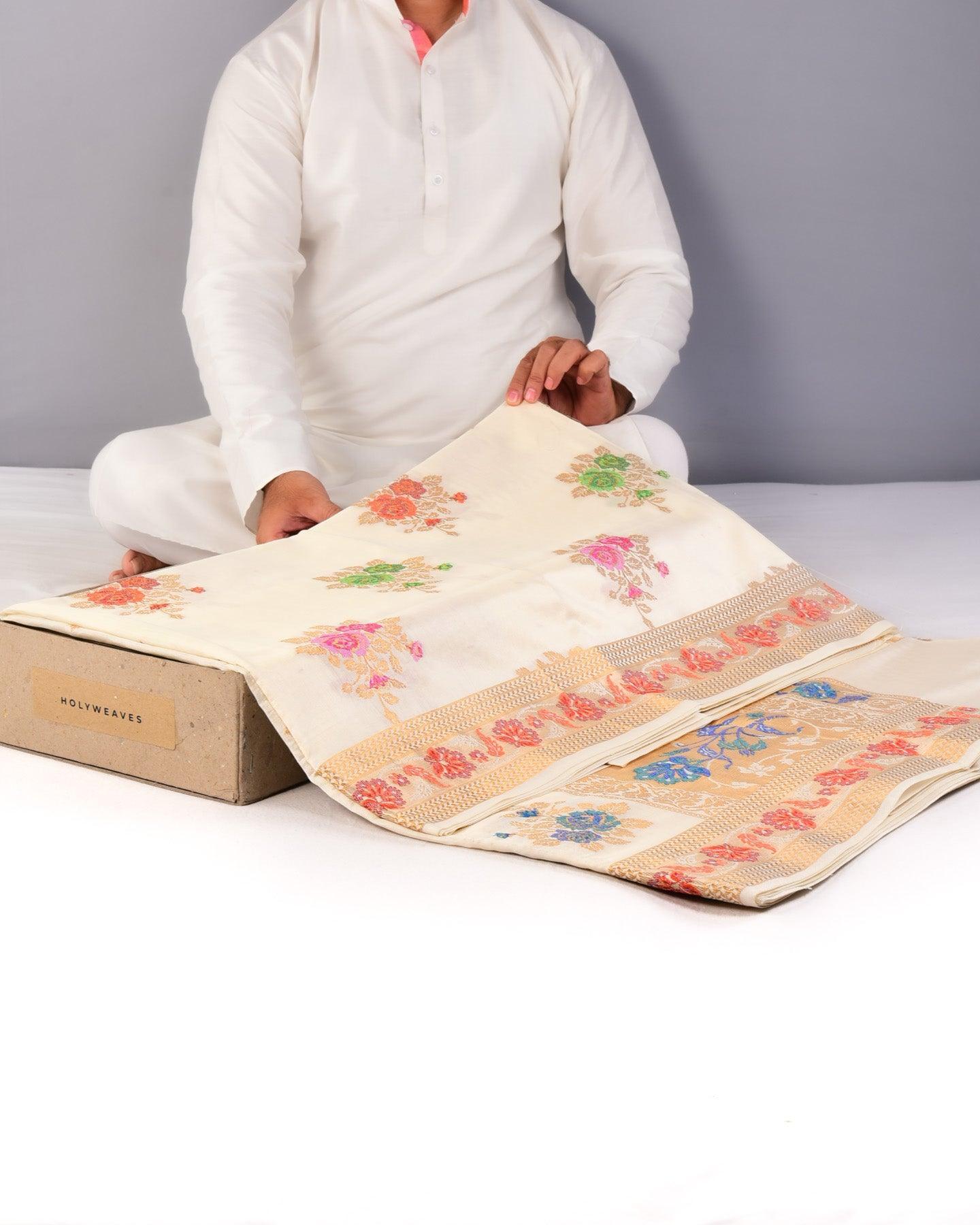 White Banarasi Meena Zari Buta Cutwork Brocade Woven Spun Silk Saree - By HolyWeaves, Benares