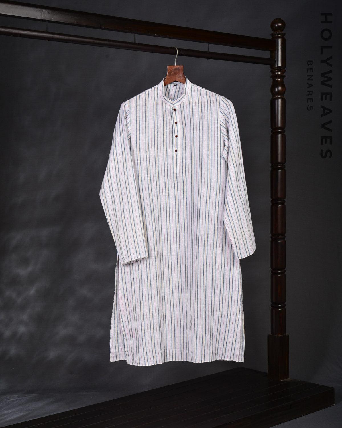 White Banarasi Multi Color Stipes Woven Linen Silk Mens Kurta Pyjama - By HolyWeaves, Benares