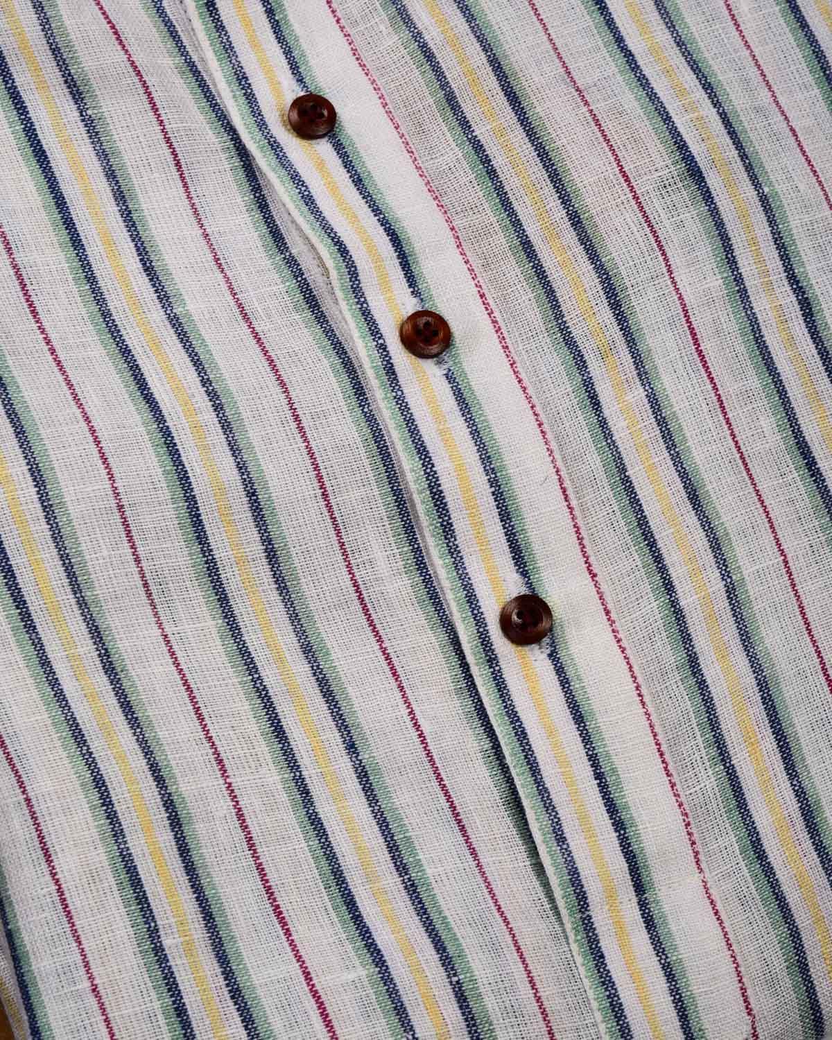 White Banarasi Multi Color Stipes Woven Linen Silk Mens Kurta Pyjama - By HolyWeaves, Benares