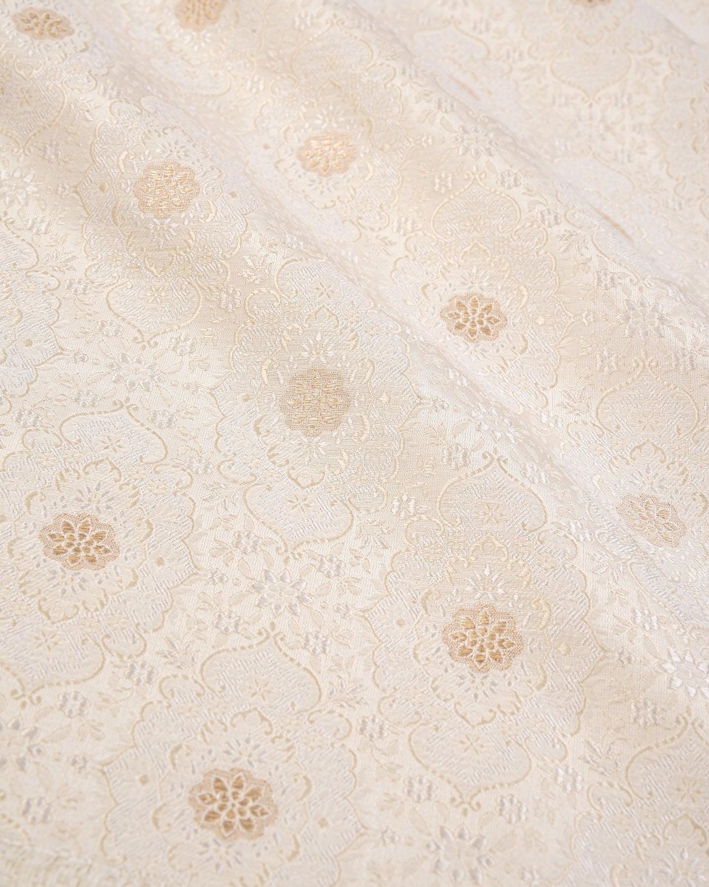 White Banarasi Resham Sona Zari Buta Jamawar Handwoven Katan Silk Fabric - By HolyWeaves, Benares