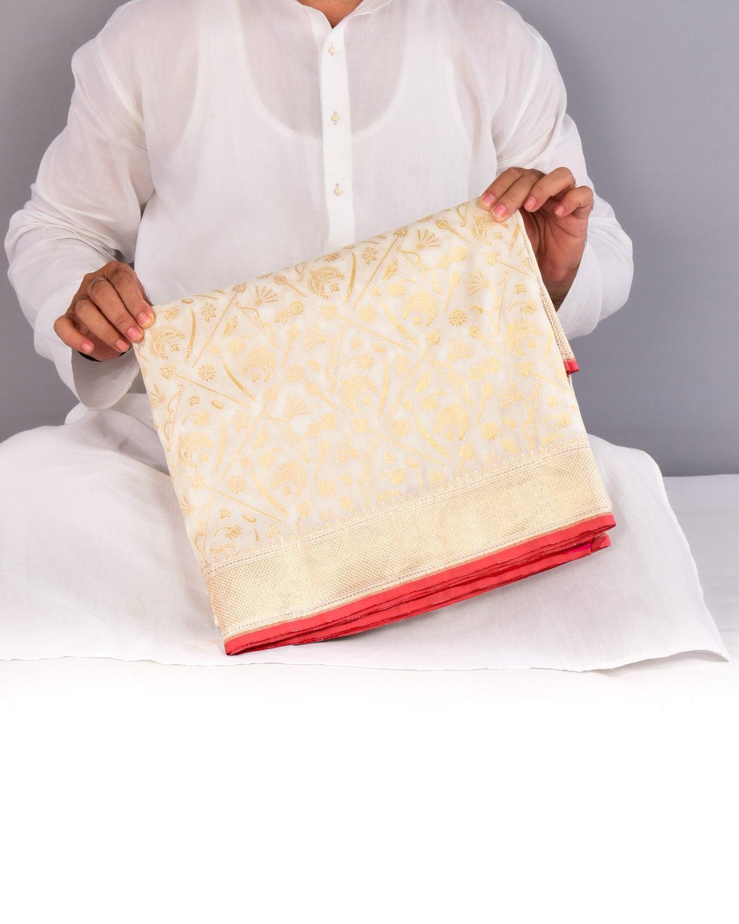 White Banarasi "Shakti" Paudi Cutwork Brocade Handwoven Katan Silk Saree - By HolyWeaves, Benares