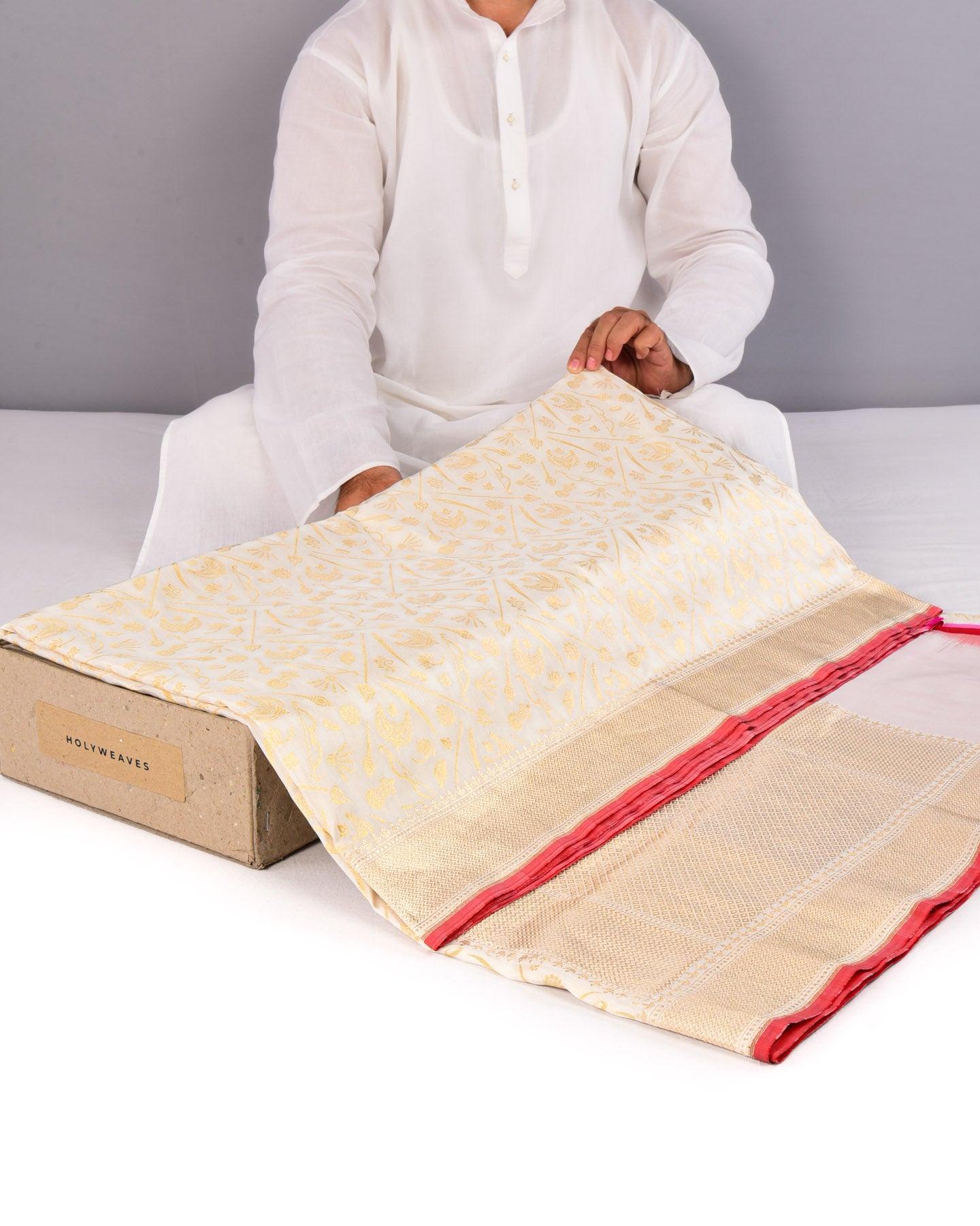 White Banarasi "Shakti" Paudi Cutwork Brocade Handwoven Katan Silk Saree - By HolyWeaves, Benares