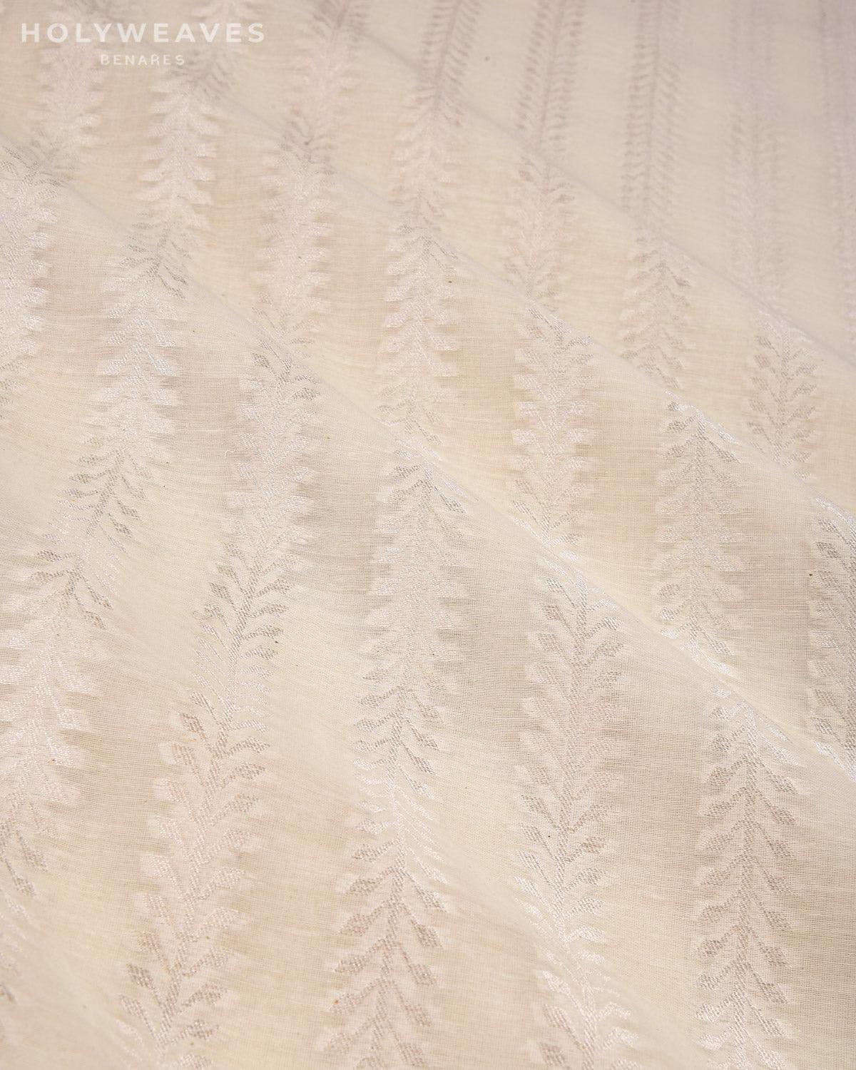 White Banarasi Silver Zari Bel Cutwork Brocade Handwoven Cotton Silk Fabric - By HolyWeaves, Benares