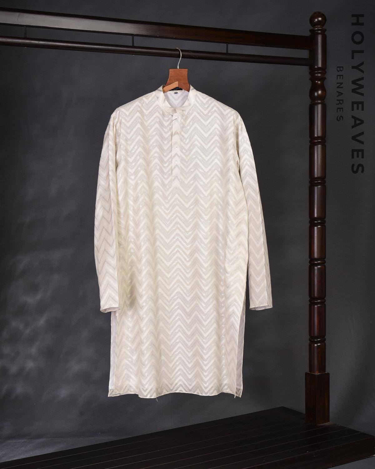 White Banarasi Silver Zari Chevron Brocade Handwoven Cotton Silk Mens Kurta Pyjama - By HolyWeaves, Benares