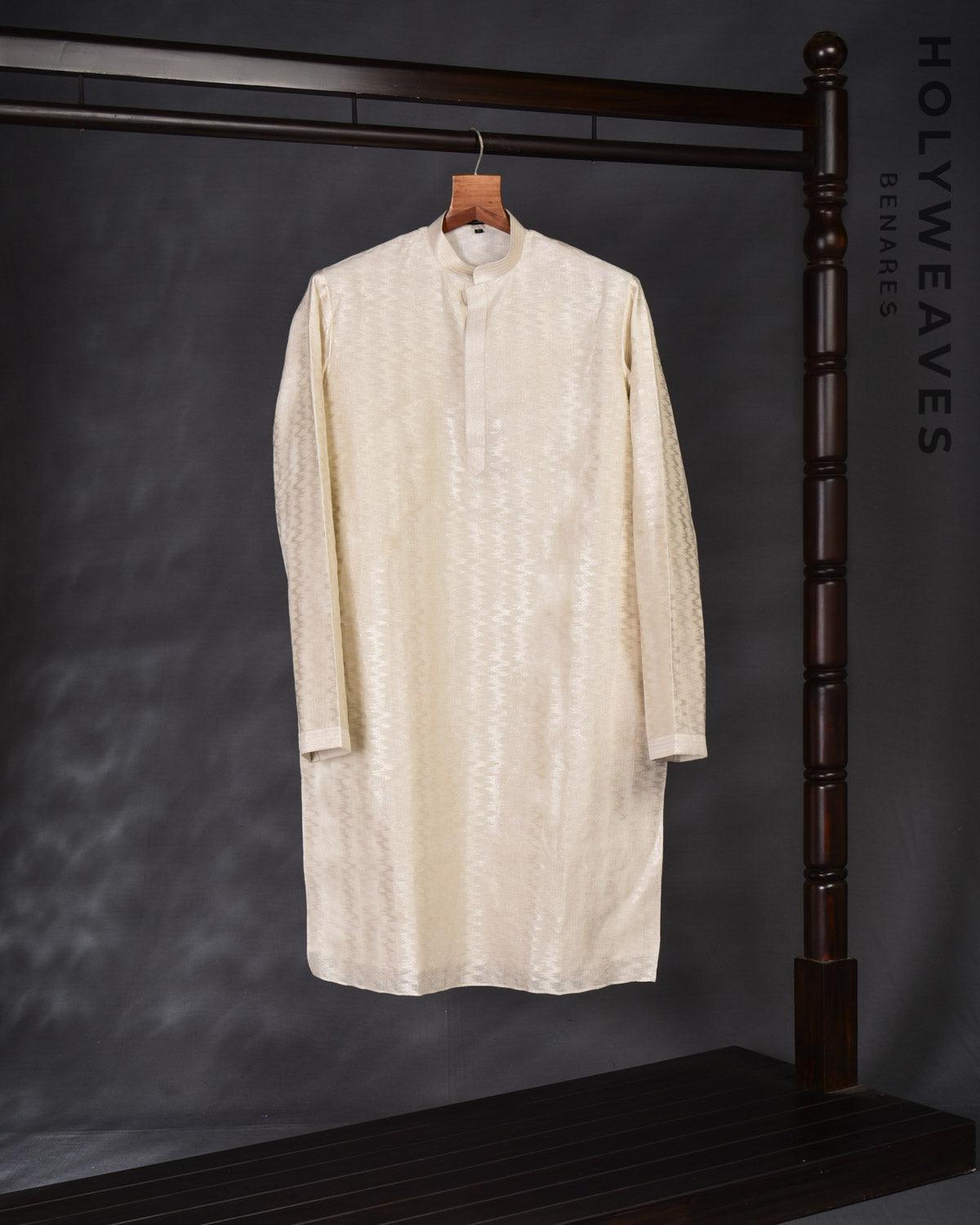 White Banarasi Silver Zari Heartbeat Brocade Handwoven Cotton Silk Mens Kurta Pyjama - By HolyWeaves, Benares