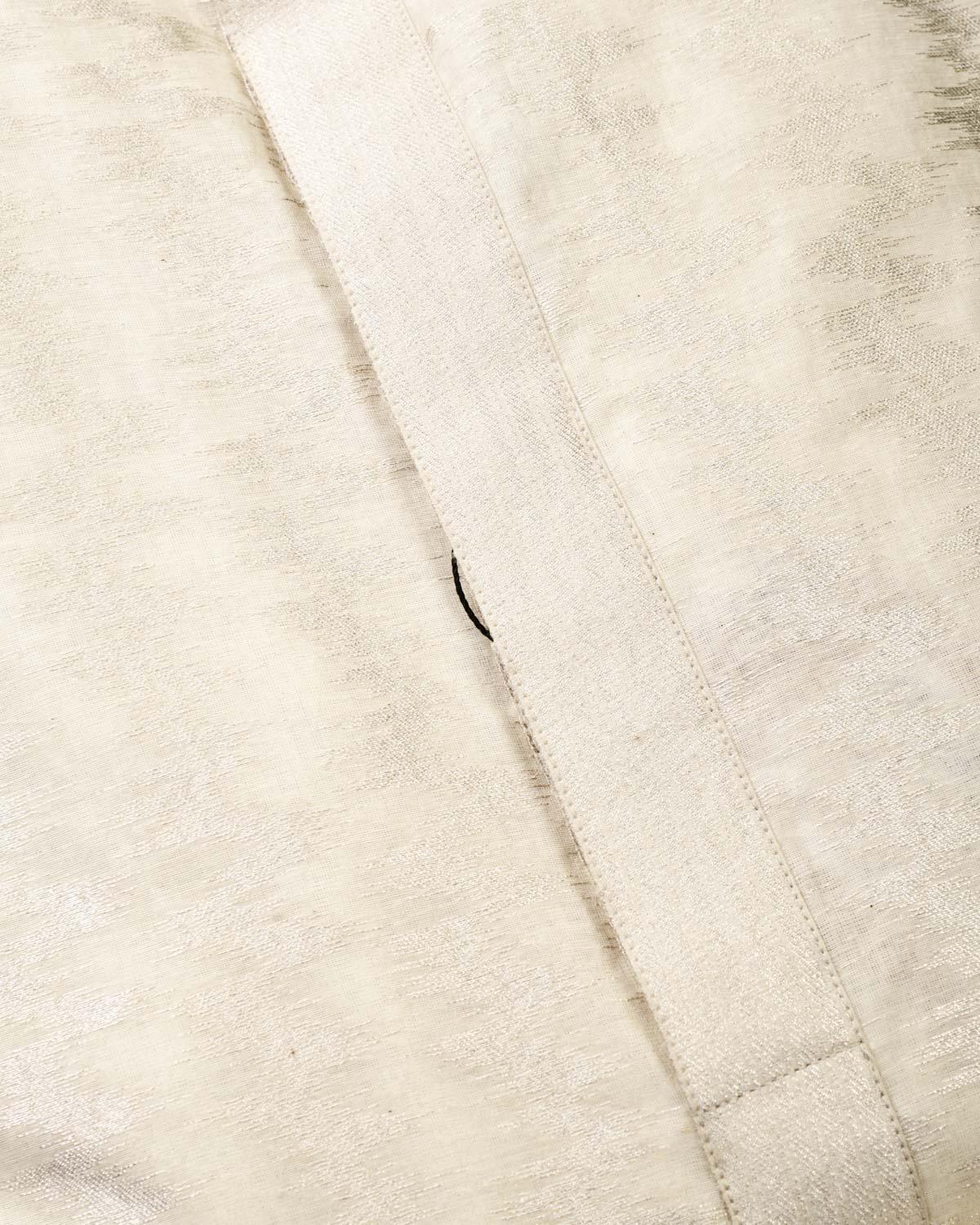 White Banarasi Silver Zari Heartbeat Brocade Handwoven Cotton Silk Mens Kurta Pyjama - By HolyWeaves, Benares