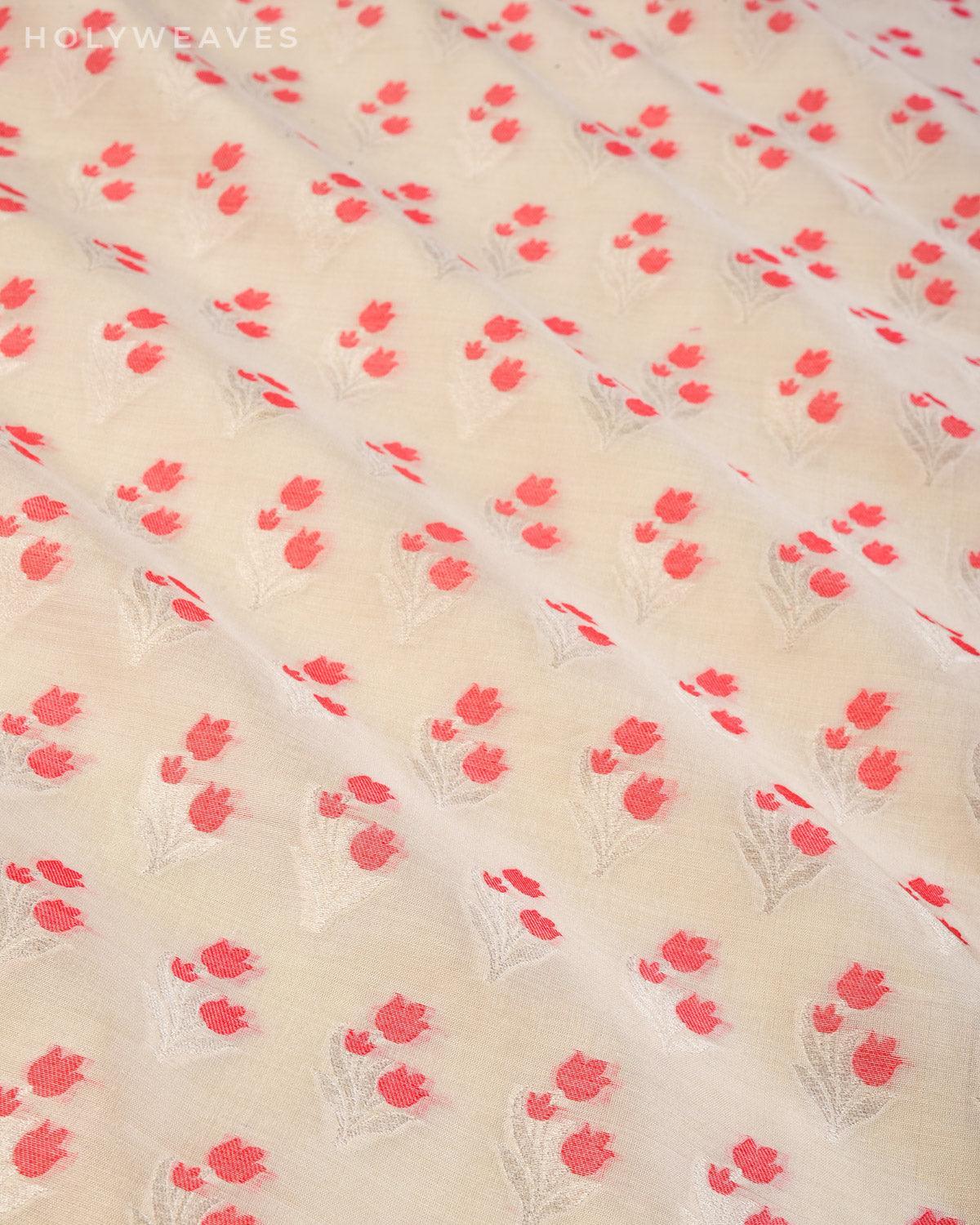 White Banarasi Silver Zari Meena Buti Cutwork Brocade Handwoven Chiniya Silk Fabric - By HolyWeaves, Benares
