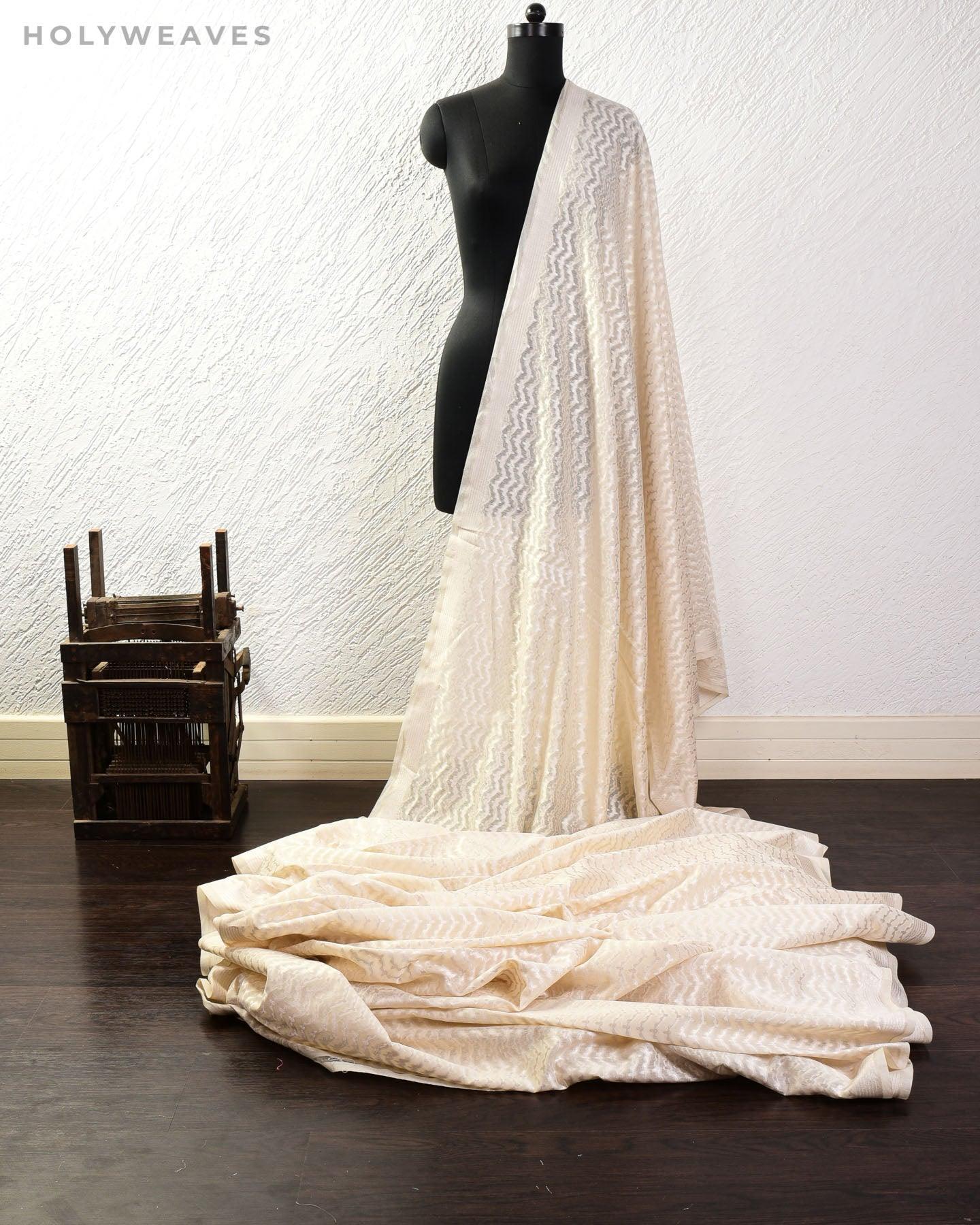 White Banarasi Silver Zari Waves Cutwork Brocade Handwoven Cotton Silk Fabric - By HolyWeaves, Benares