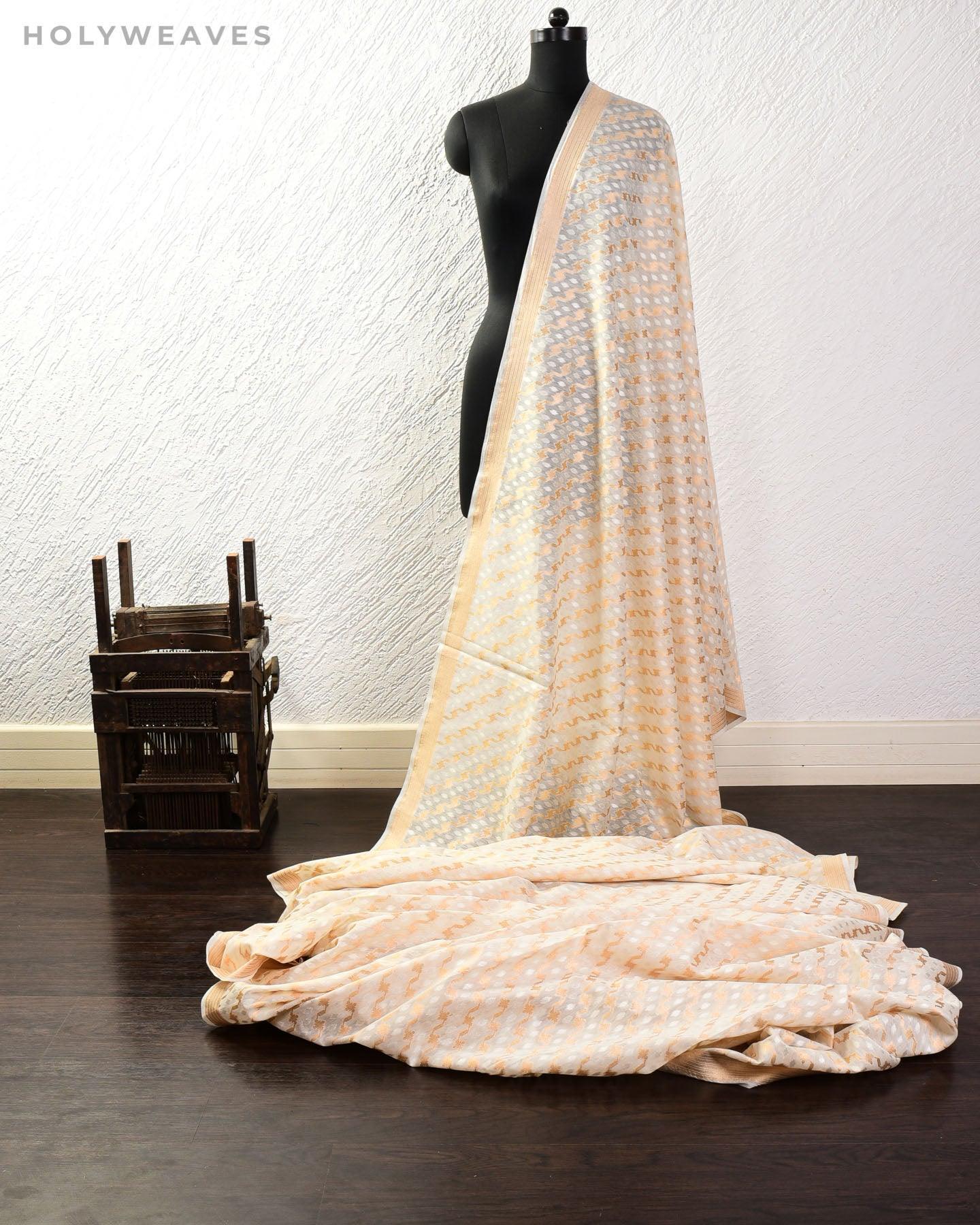 White Banarasi Sona Rupa Leheriya Cutwork Brocade Handwoven Cotton Silk Fabric - By HolyWeaves, Benares